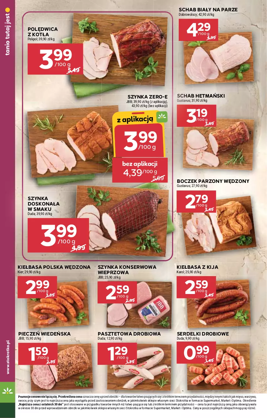 Gazetka promocyjna Stokrotka - Market - ważna 16.07 do 22.07.2026 - strona 8 - produkty: Boczek, Duda, Kiełbasa, Mięso, Optima, Owoce, Pasztet, Pekpol, Piec, Polędwica, Ser, Serdelki, Szynka, Szynka konserwowa, Warzywa