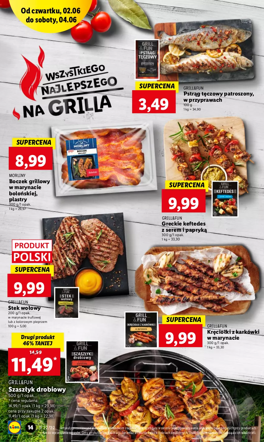 Gazetka promocyjna Lidl - GAZETKA - ważna 02.06 do 04.06.2022 - strona 14 - produkty: Boczek, Grill, Morliny, Pieprz, Pstrąg, Pstrąg tęczowy, Ser, Stek, Stek wołowy