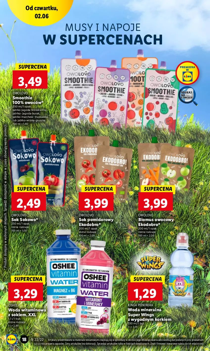 Gazetka promocyjna Lidl - GAZETKA - ważna 02.06 do 04.06.2022 - strona 18 - produkty: Mus, Napoje, Oshee, Smoothie, Sok, Sok pomidorowy, Super wings, Woda, Woda mineralna