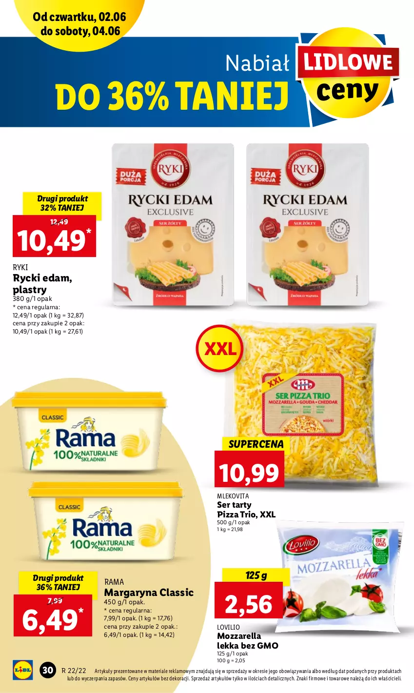 Gazetka promocyjna Lidl - GAZETKA - ważna 02.06 do 04.06.2022 - strona 30 - produkty: Edam, Lovi, Margaryna, Mleko, Mlekovita, Mozzarella, Pizza, Rama, Rycki Edam, Ser