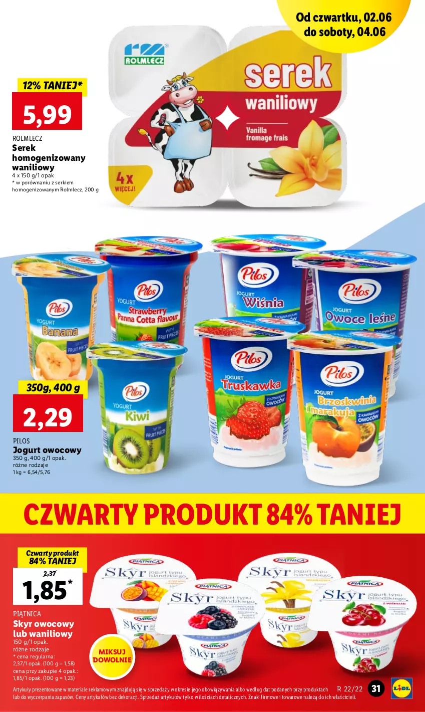 Gazetka promocyjna Lidl - GAZETKA - ważna 02.06 do 04.06.2022 - strona 31 - produkty: Jogurt, Jogurt owocowy, Piątnica, Pilos, Por, Rolmlecz, Ser, Serek, Serek homogenizowany