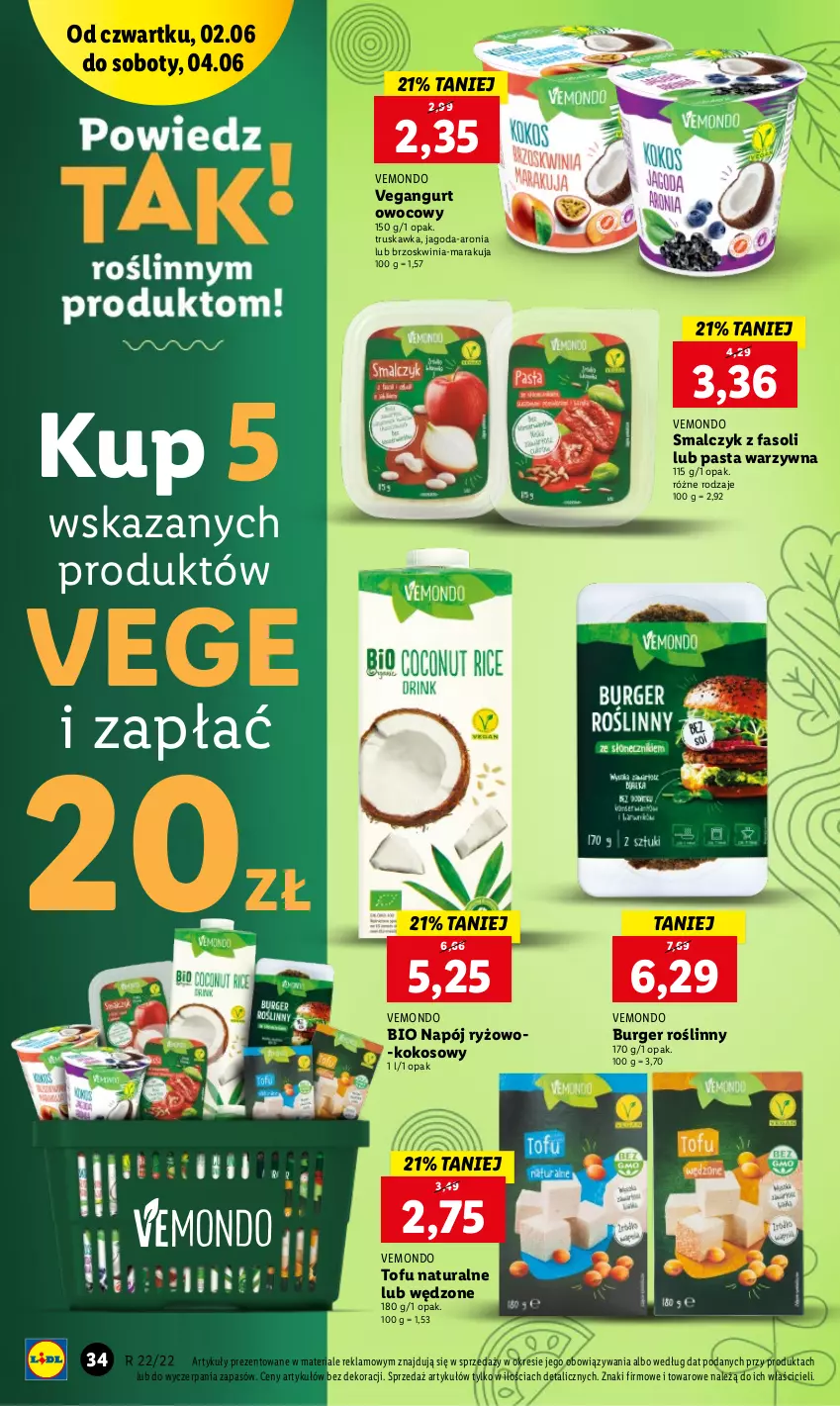 Gazetka promocyjna Lidl - GAZETKA - ważna 02.06 do 04.06.2022 - strona 34 - produkty: Aronia, Burger, Fa, Kokos, Napój, Pasta warzywna, Ryż, Tofu, Vegangurt