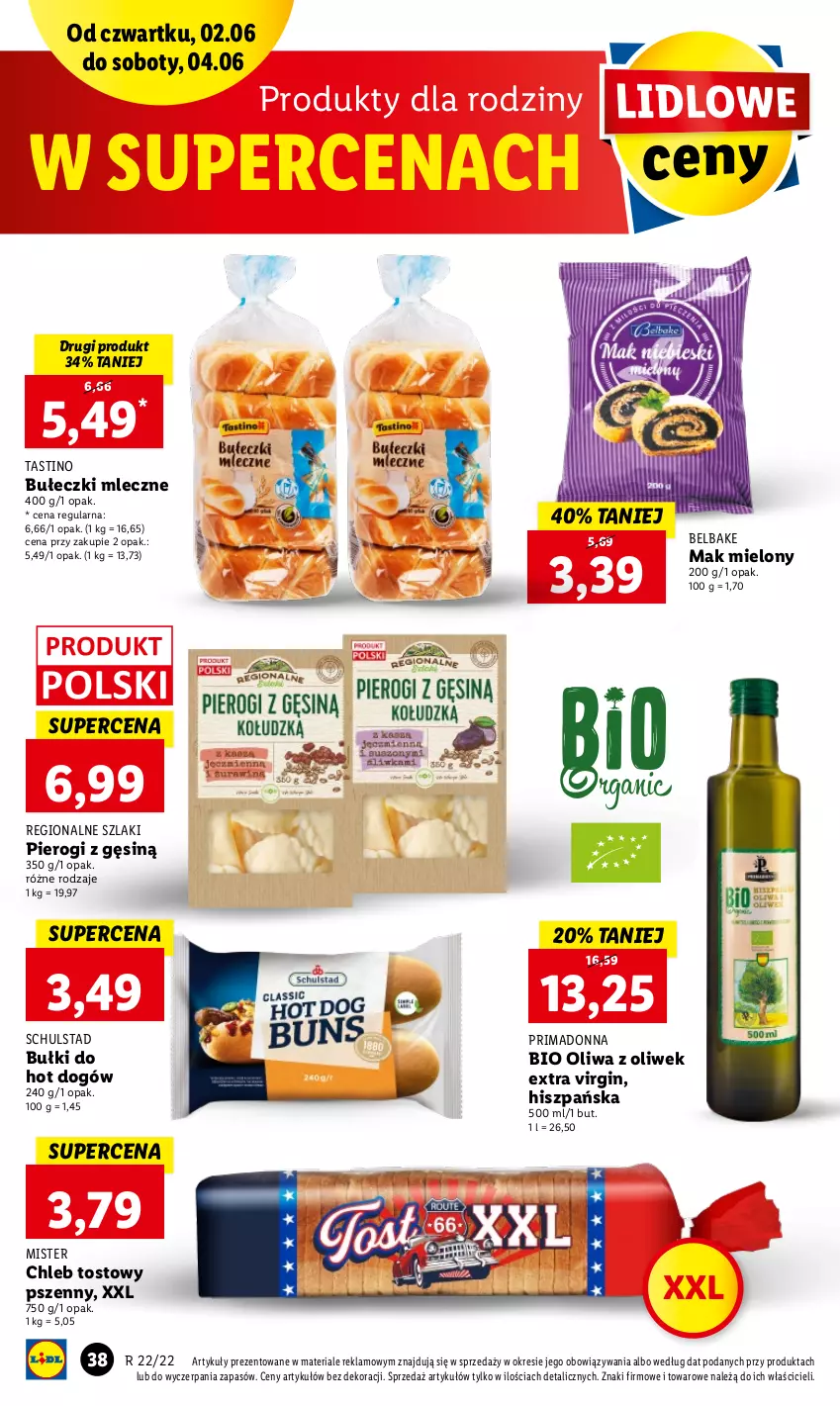 Gazetka promocyjna Lidl - GAZETKA - ważna 02.06 do 04.06.2022 - strona 38 - produkty: Bułeczki, Bułeczki mleczne, Bułki do hot dogów, Chleb, Chleb tostowy, Gin, Hot dog, Mak mielony, Oliwa z oliwek, Pierogi, Prima