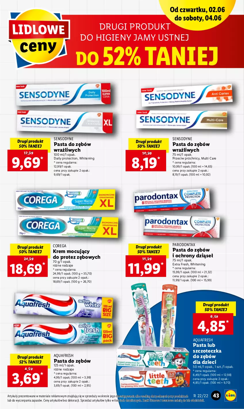 Gazetka promocyjna Lidl - GAZETKA - ważna 02.06 do 04.06.2022 - strona 43 - produkty: Aquafresh, Corega, Dzieci, Parodontax, Pasta do zębów, Sensodyne, Szczoteczka, Szczoteczka do zębów