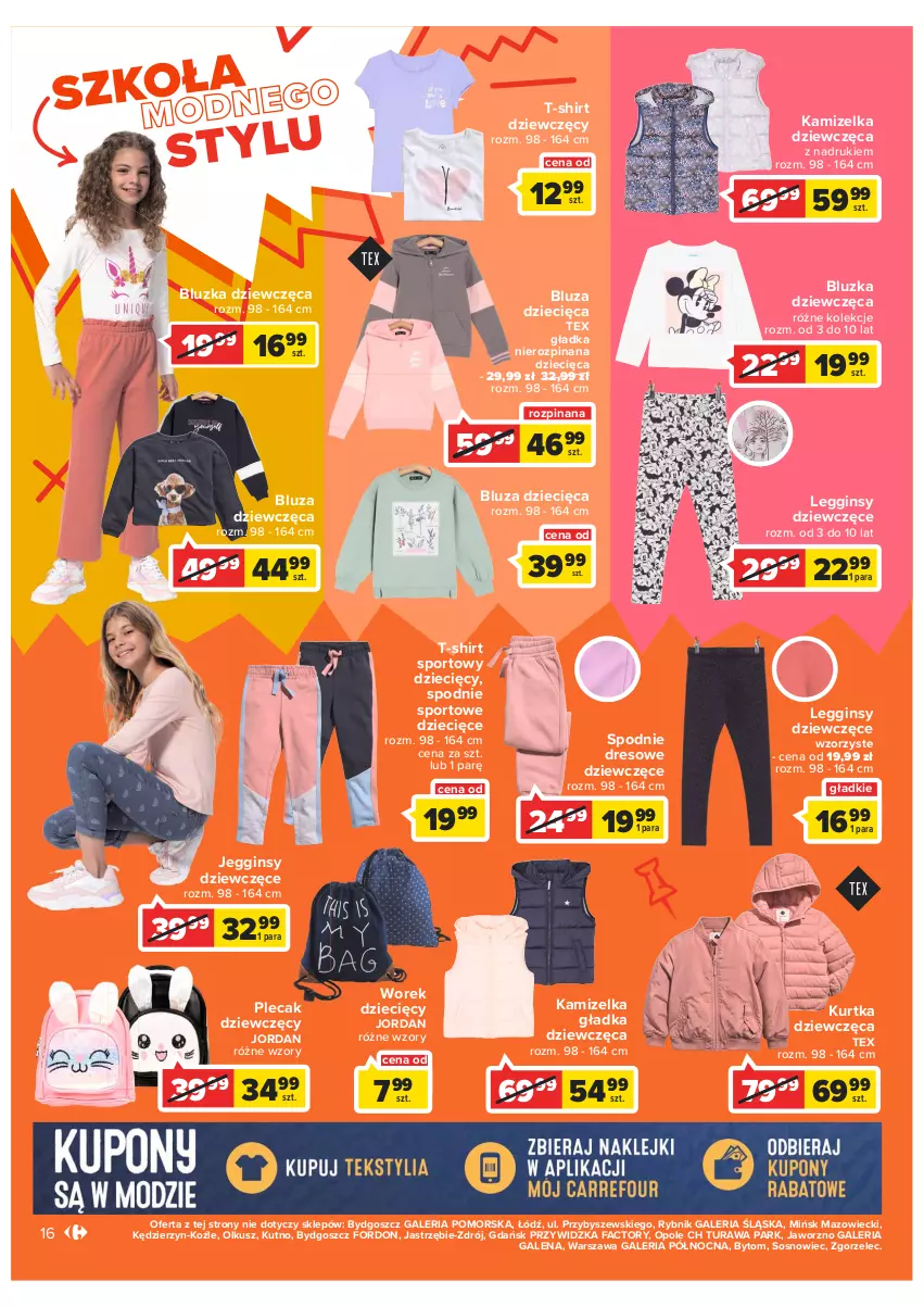 Gazetka promocyjna Carrefour - Gazetka Szkoła bycia sobą część 2 - ważna 23.08 do 10.09.2022 - strona 16 - produkty: Bluza, Dres, Dzieci, Fa, Gin, Kamizelka, Kurtka, Legginsy, Plecak, Por, Sos, Spodnie, Spodnie dresowe, Spodnie sportowe, Sport, T-shirt