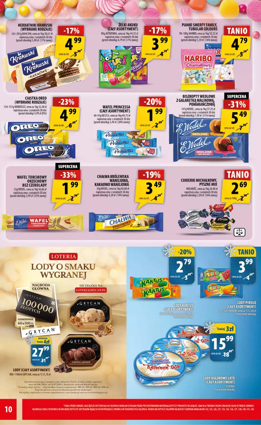 Gazetka promocyjna Arhelan - Gazetka - ważna 17.07 do 26.07.2026 - strona 10 - produkty: Biszkopty, Chałwa, Ciastka, Cukier, Cukierki, Fa, Gala, Gra, Gry, Haribo, Herbatniki, Jutrzenka, Kakao, Krakus, Krakuski, Lody, Oreo, Princessa