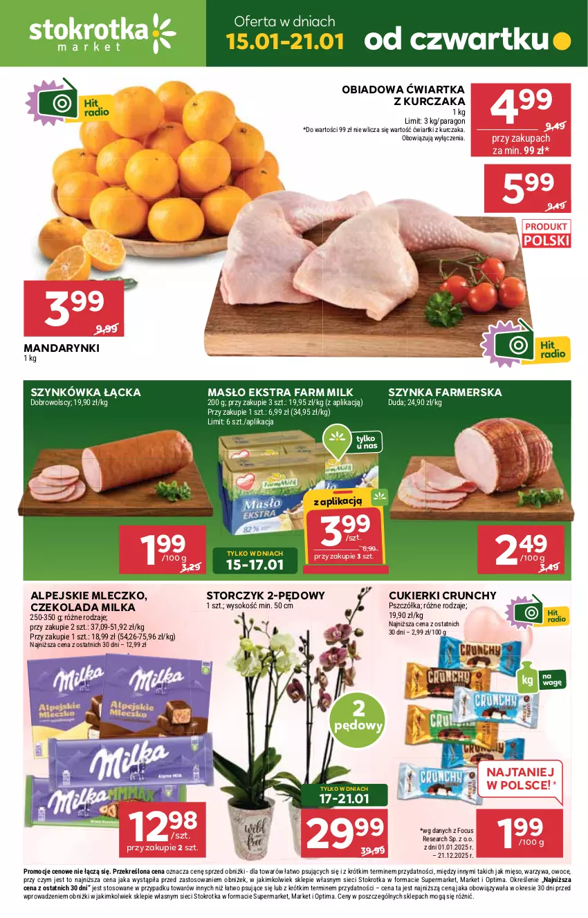 Gazetka promocyjna Stokrotka - Market - ważna 15.01 do 21.01.2026 - strona 1 - produkty: Cukier, Cukierki, Czekolada, Duda, Fa, Farm Milk, Kurczak, Mandarynki, Masło, Mięso, Milka, Mleczko, Optima, Owoce, Sok, Storczyk, Szynka, Szynka farmerska, Warzywa
