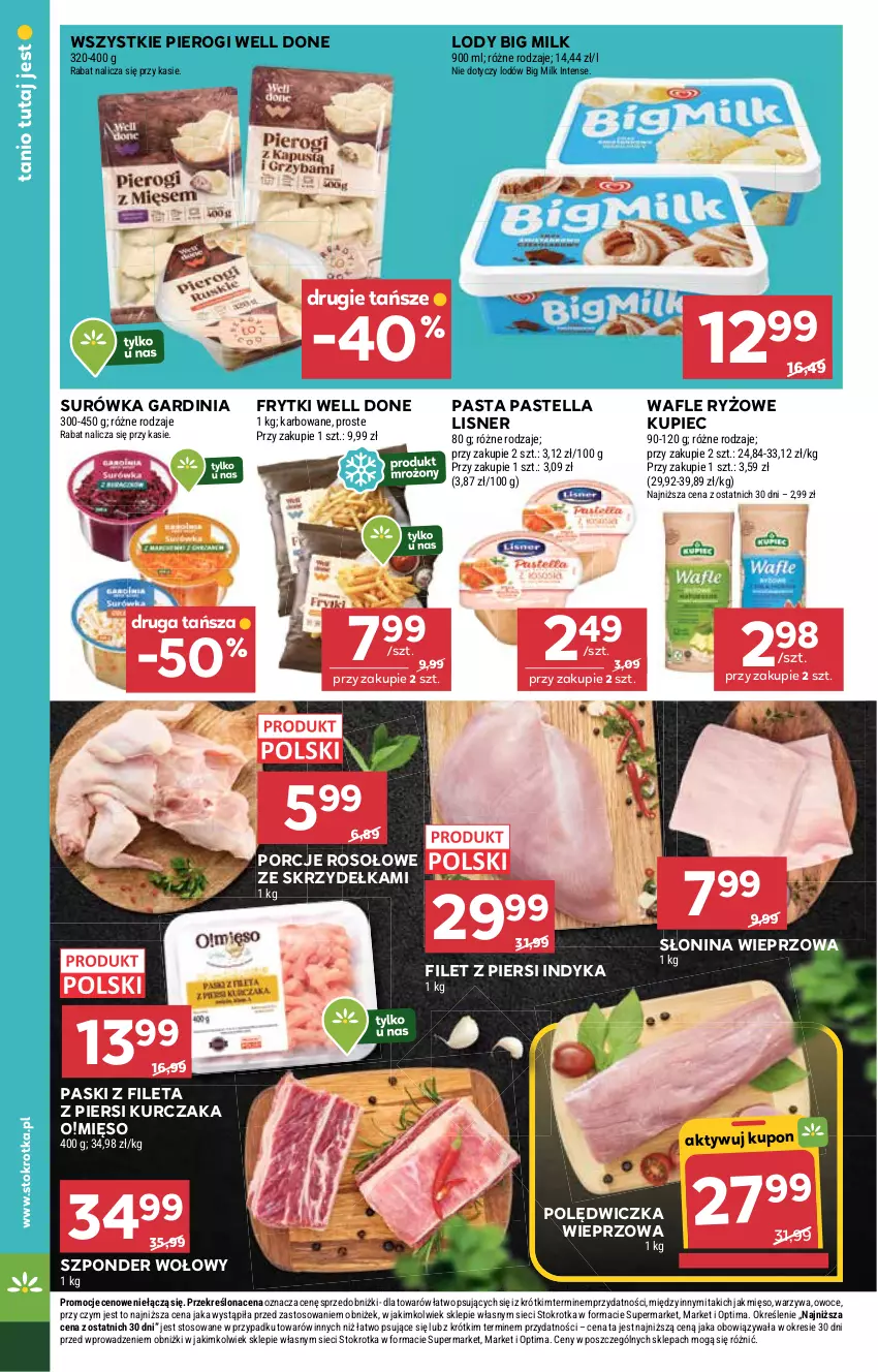 Gazetka promocyjna Stokrotka - Market - ważna 15.01 do 21.01.2026 - strona 10 - produkty: Big Milk, Filet z piersi indyka, Frytki, Kupiec, Kurczak, Lisner, Lody, Mięso, Optima, Owoce, Pastella, Piec, Pierogi, Polędwiczka wieprzowa, Por, Ryż, Surówka, Szponder wołowy, Wafle, Warzywa