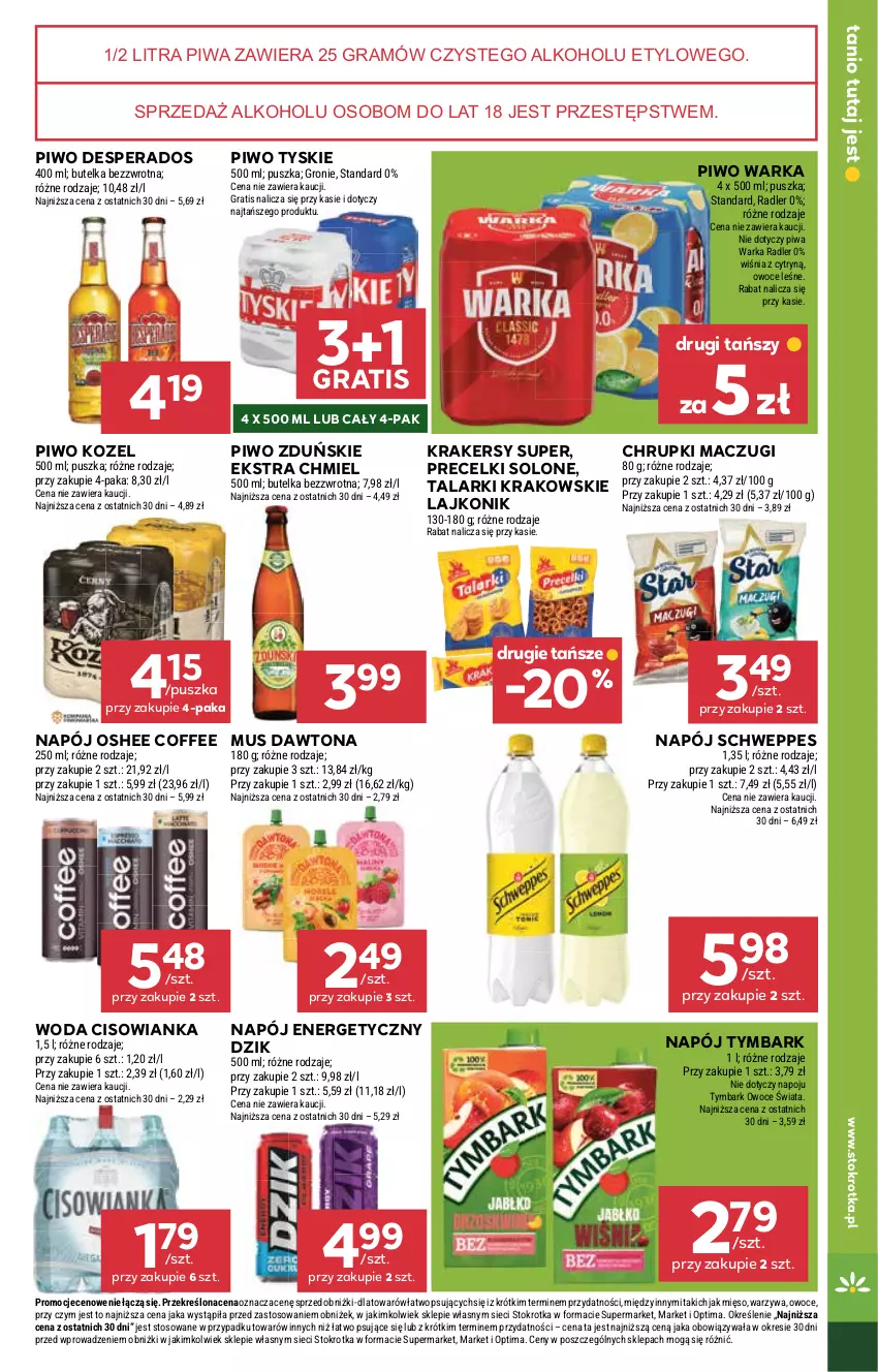 Gazetka promocyjna Stokrotka - Market - ważna 15.01 do 21.01.2026 - strona 15 - produkty: Chrupki, Cisowianka, Dawtona, Desperados, Gra, Kozel, Krakersy, Lajkonik, Mięso, Mus, Napój, Napój energetyczny, Optima, Oshee, Owoce, Piwa, Piwo, Precelki, Radler, Schweppes, Tymbark, Tyskie, Warka, Warzywa, Woda