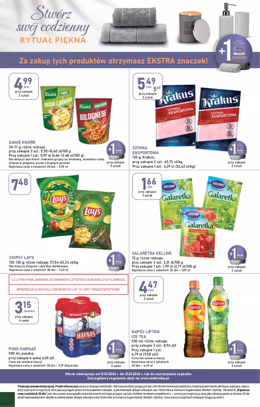 Gazetka promocyjna Stokrotka - Market - ważna 15.01 do 21.01.2026 - strona 16 - produkty: Chipsy, Gala, Galaretka, Gra, Grzyby, Harnaś, Ice tea, Knorr, Krakus, Lay’s, Lipton, Makaron, Mięso, Napój, Optima, Owoce, Piwa, Piwo, Por, Pur, Sport, Szynka, Warzywa