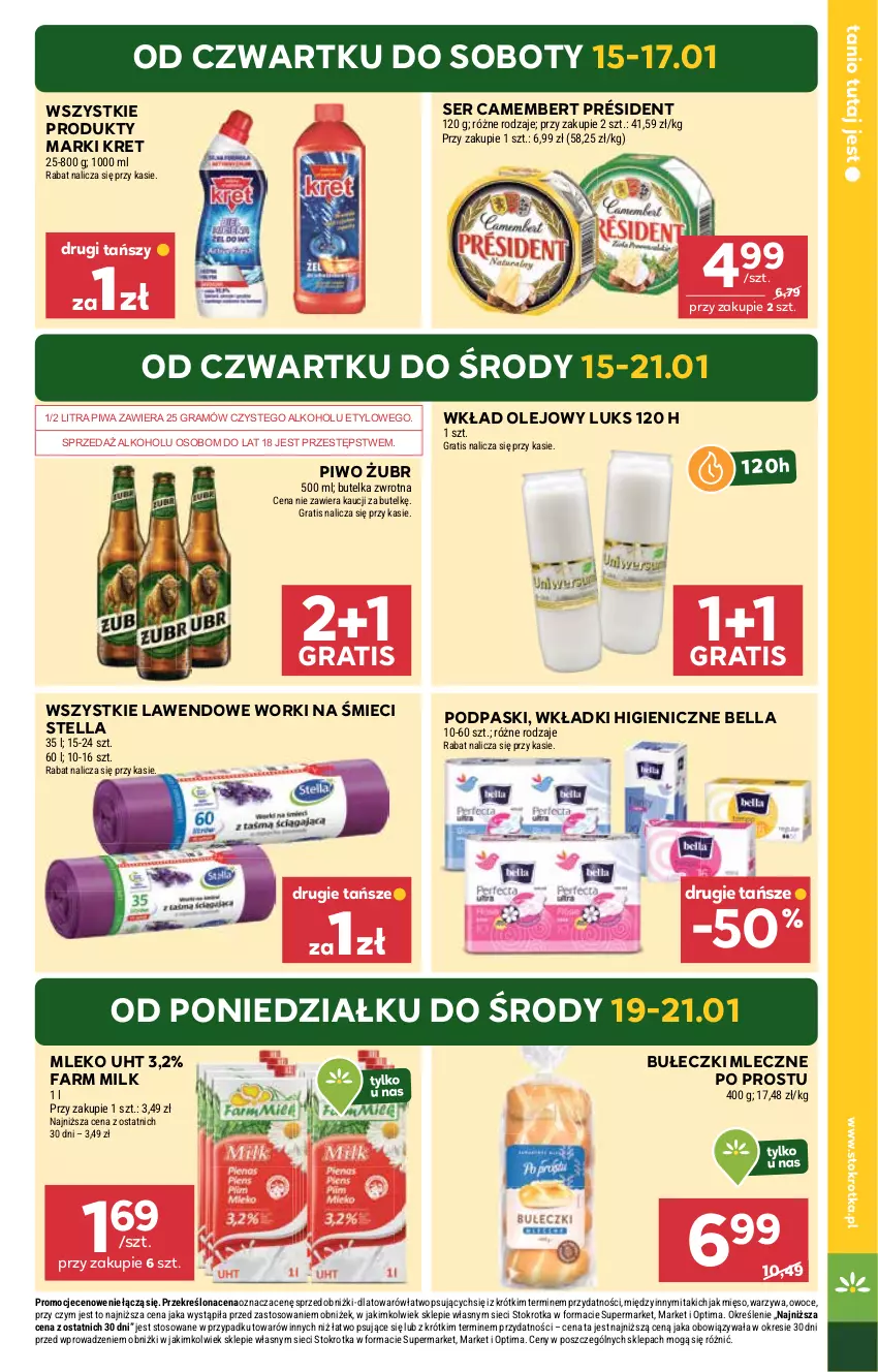 Gazetka promocyjna Stokrotka - Market - ważna 15.01 do 21.01.2026 - strona 3 - produkty: Bell, Bella, Bułeczki, Bułeczki mleczne, Camembert, Fa, Farm Milk, Gra, Kret, Mięso, Mleko, Olej, Optima, Owoce, Piwa, Piwo, Podpaski, Président, Ser, Warzywa, Wkład olejowy, Wkładki, Worki na śmiec, Worki na śmieci