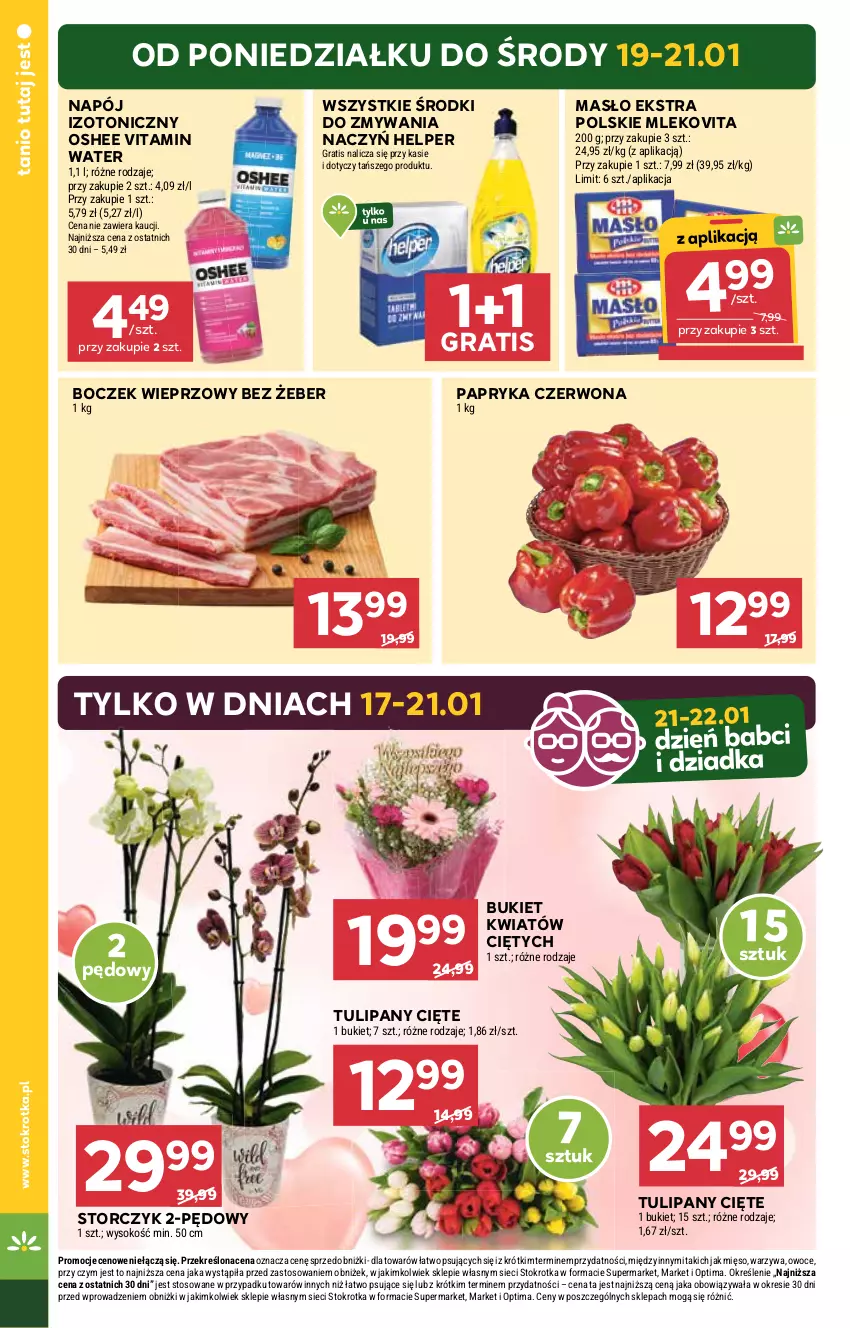 Gazetka promocyjna Stokrotka - Market - ważna 15.01 do 21.01.2026 - strona 4 - produkty: Boczek, Boczek wieprzowy, Bukiet, Gra, Masło, Mięso, Mleko, Mlekovita, Napój, Napój izotoniczny, Optima, Oshee, Owoce, Papryka, Papryka czerwona, Sok, Storczyk, Tulipan, Warzywa