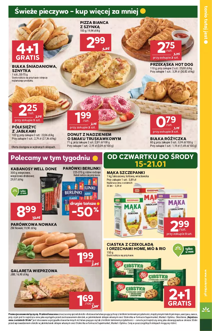 Gazetka promocyjna Stokrotka - Market - ważna 15.01 do 21.01.2026 - strona 5 - produkty: Berlinki, Bułka, Ciastka, Danio, Donut, Gala, Gra, Hot dog, Jabłka, Kabanos, Mąka, Mięso, NOWAK, Optima, Owoce, Parówki, Piec, Pieczywo, Pizza, Warzywa