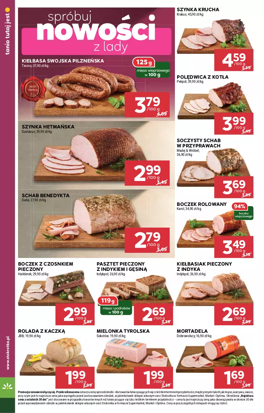 Gazetka promocyjna Stokrotka - Market - ważna 15.01 do 21.01.2026 - strona 6 - produkty: Basia, Boczek, Duda, Kiełbasa, Krakus, Mielonka tyrolska, Mięso, Optima, Owoce, Pasztet, Pekpol, Piec, Polędwica, Rolada, Schab Benedykta, Sok, Sokołów, Szynka, Warzywa