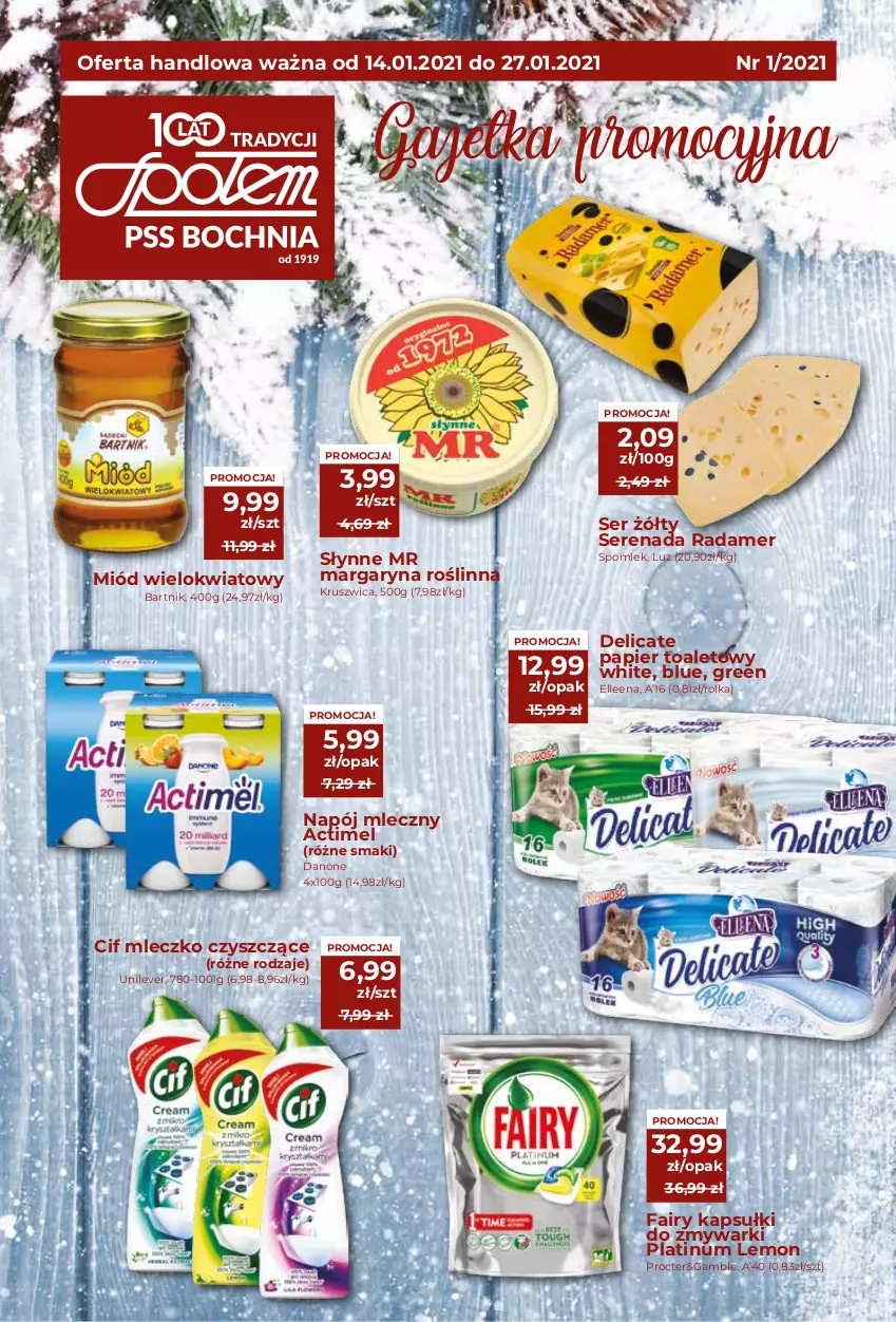 Gazetka promocyjna Społem - Oferta handlowa - ważna 14.01 do 27.01.2021 - strona 1 - produkty: Actimel, Cif, Danone, Fa, Fairy, Margaryna, Miód, Mleczko, Napój, Napój mleczny, Papier, Papier toaletowy, Radamer, Ser, Słynne, Zmywarki