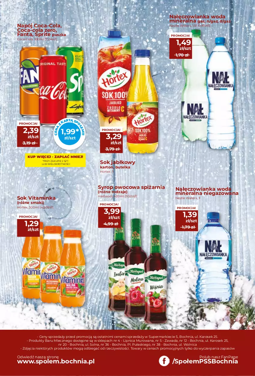 Gazetka promocyjna Społem - Oferta handlowa - ważna 14.01 do 27.01.2021 - strona 12 - produkty: Coca-Cola, Fa, Fanta, Herbapol, Hortex, Inka, Nałęczowianka, Napój, Sok, Sok jabłkowy, Sprite, Syrop, Woda, Woda mineralna