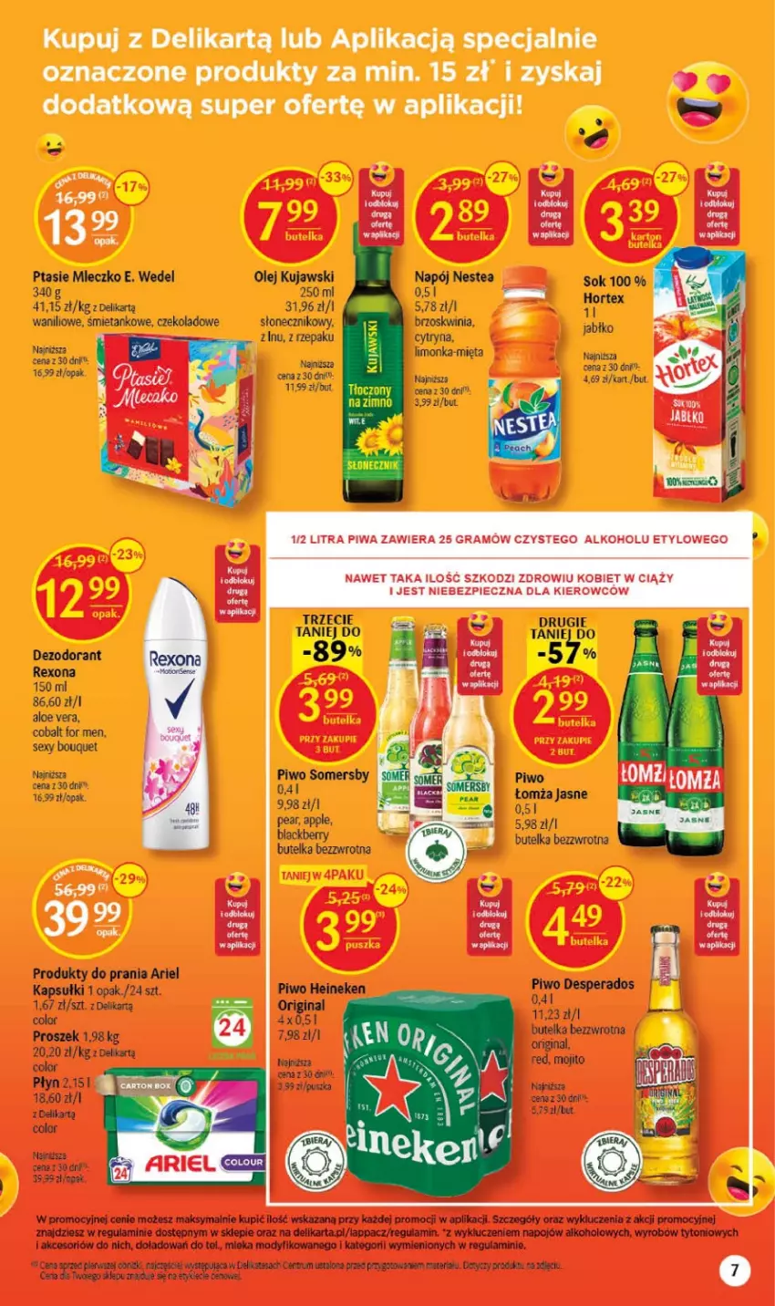 Gazetka promocyjna Delikatesy Centrum - Gazetka DC37 - ważna 21.09 do 27.09.2023 - strona 7 - produkty: Aloe vera, Ariel, Dezodorant, E. Wedel, Gra, Heineken, Kujawski, Limonka, Mięta, Mleczko, Napój, Nestea, Olej, Piec, Piwa, Piwo, Ptasie mleczko, Rexona, Sok, Somersby