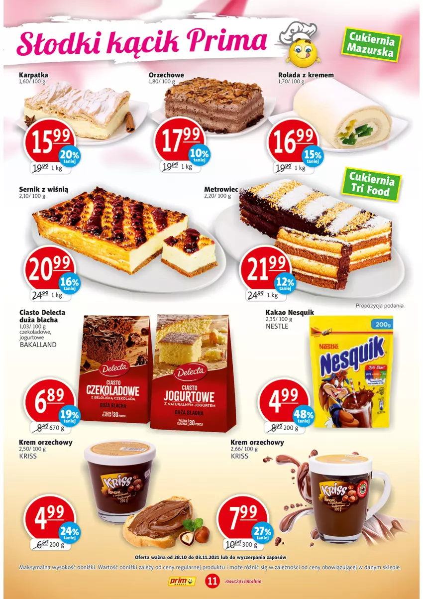 Gazetka promocyjna Prim Market - Gazetka - ważna 28.10 do 03.11.2021 - strona 11 - produkty: Bakalland, Ciasto czekoladowe, Delecta, Jogurt, Kakao, Karp, Krem orzechowy, LG, Nesquik, Rolada, Ser, Sok