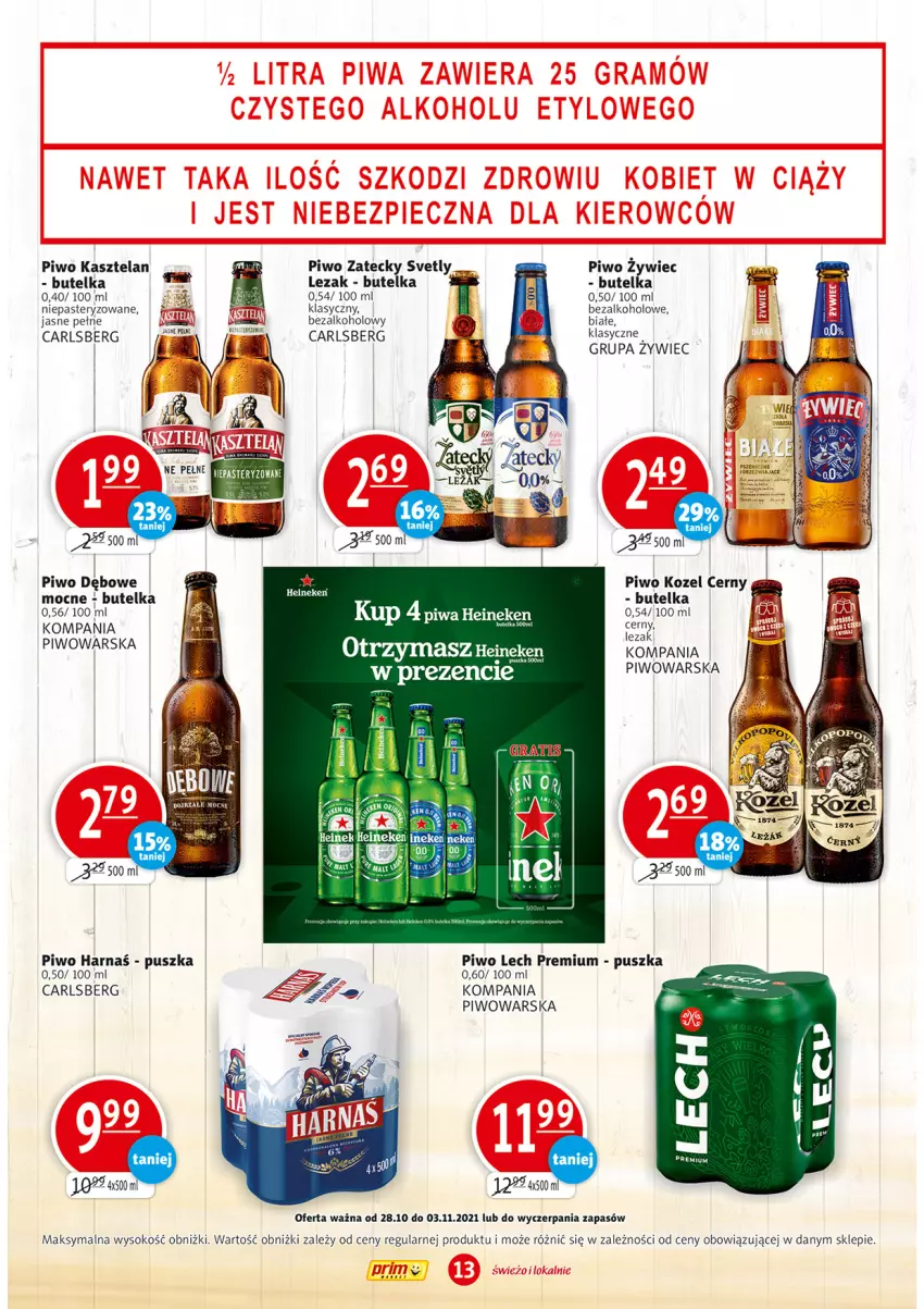 Gazetka promocyjna Prim Market - Gazetka - ważna 28.10 do 03.11.2021 - strona 13 - produkty: Carlsberg, Harnaś, Heineken, Kasztelan, Kozel, Lech Premium, Piwa, Piwo, Sok