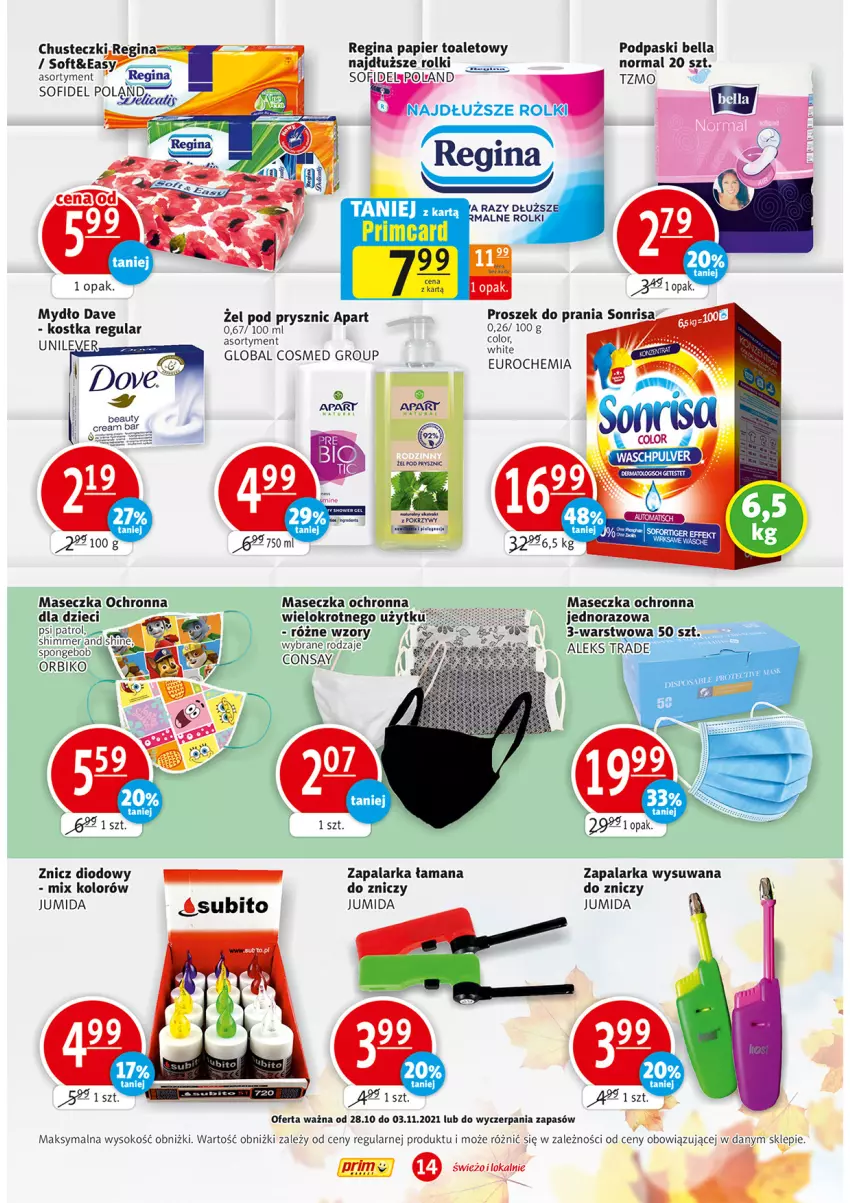 Gazetka promocyjna Prim Market - Gazetka - ważna 28.10 do 03.11.2021 - strona 14 - produkty: Bell, Bella, Dove, Dzieci, Gin, Mydło, Papier, Papier toaletowy, Podpaski, Proszek do prania, Psi Patrol, Rolki, Sok, Zapalarka, Znicz