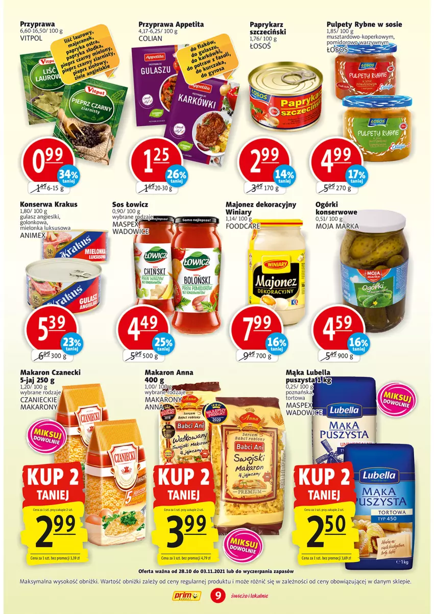 Gazetka promocyjna Prim Market - Gazetka - ważna 28.10 do 03.11.2021 - strona 9 - produkty: Krakus, Majonez, Makaron, Mus, Papryka, Paprykarz, Pulpety, Ser, Sok, Sos, Winiary