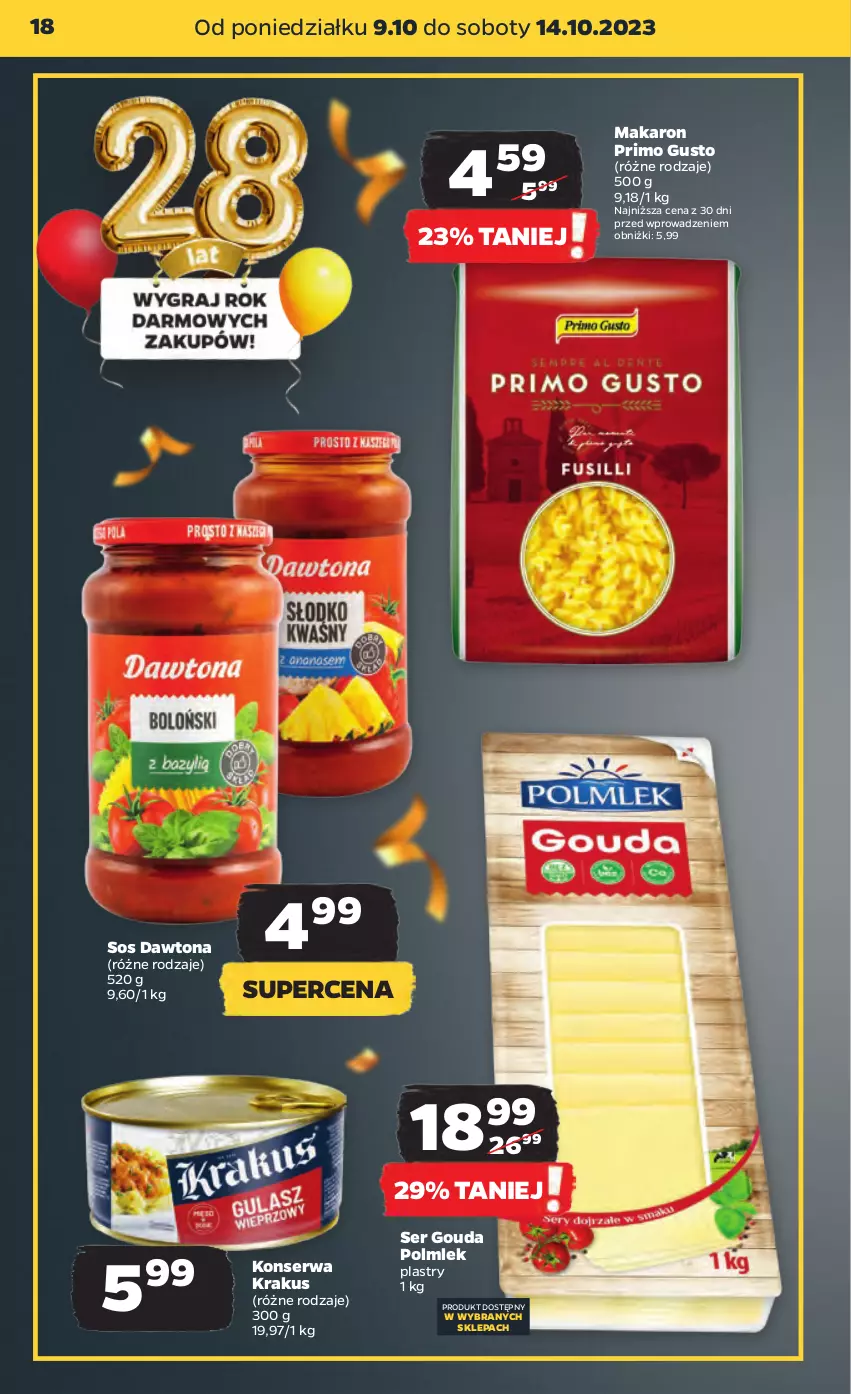 Gazetka promocyjna Netto - Artykuły spożywcze - ważna 09.10 do 14.10.2023 - strona 18 - produkty: Dawtona, Gouda, Krakus, Makaron, POLMLEK, Ser, Sos