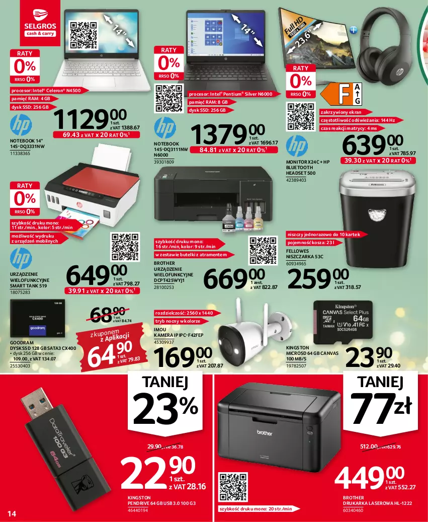 Gazetka promocyjna Selgros - Oferta przemysłowa - ważna 17.11 do 30.11.2022 - strona 14 - produkty: Brother, Drukarka, HP, Intel, Kamera, Kosz, Mobil, Monitor, Niszczarka, Notebook, Pendrive, Pentium, Procesor, Ser, Urządzenie wielofunkcyjne