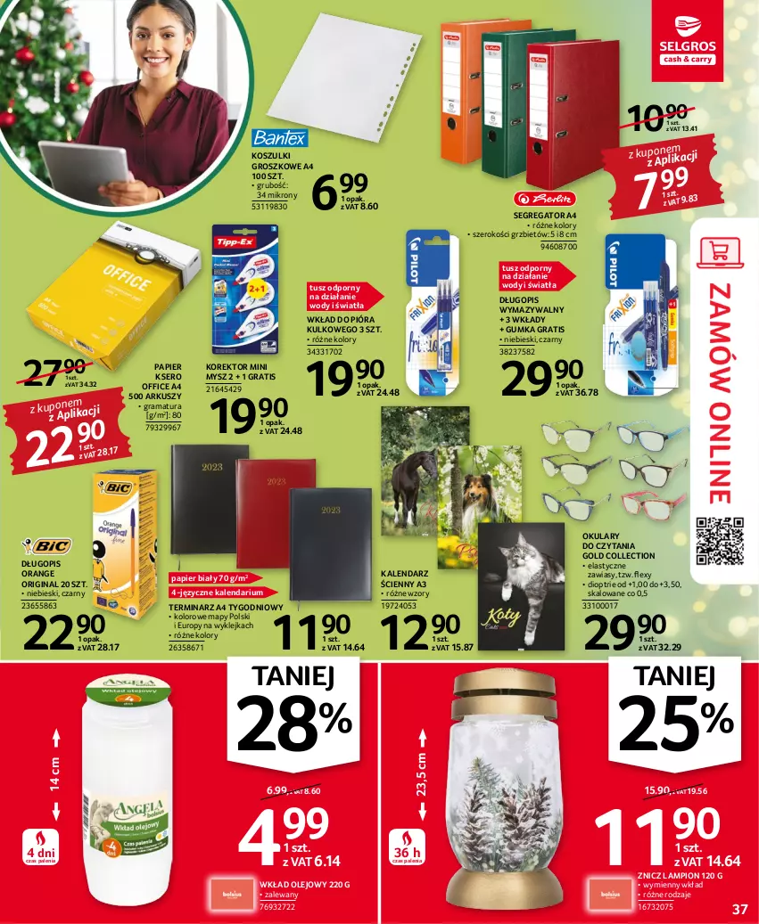 Gazetka promocyjna Selgros - Oferta przemysłowa - ważna 17.11 do 30.11.2022 - strona 37 - produkty: Długopis, Gin, Gra, Kalendarz, Klej, Kosz, Lampion, Mysz, Okulary do czytania, Olej, Papier, Pióra kulkowego, Por, Rama, Ser, Tusz, Wkład olejowy, Znicz