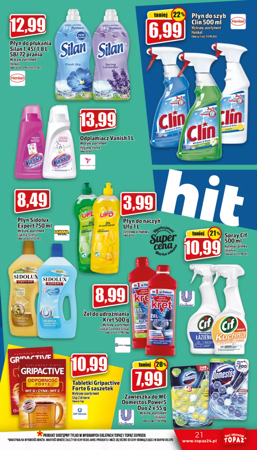 Gazetka promocyjna Topaz - Gazetka - ważna 15.10 do 19.10.2022 - strona 21 - produkty: Cif, Cynk, Domestos, Fa, Kret, Kuchnia, Odplamiacz, Płyn do płukania, Sidolux, Silan, Sok, Top, Vanish