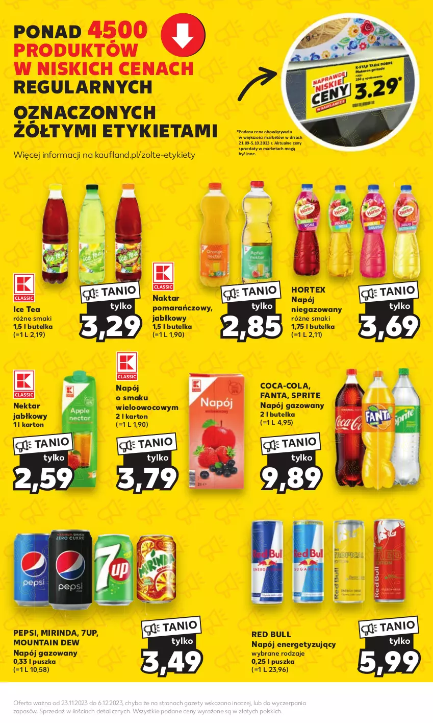 Gazetka promocyjna Kaufland - Kaufland - ważna 23.11 do 06.12.2023 - strona 15 - produkty: 7up, Coca-Cola, Fa, Fanta, Hortex, Ice tea, Mirinda, Napój, Napój gazowany, Napój niegazowany, Nektar, Pepsi, Red Bull, Sprite