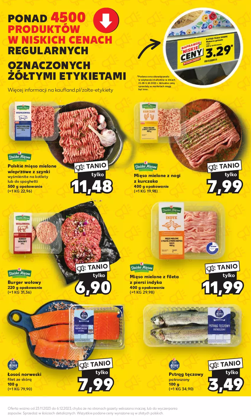 Gazetka promocyjna Kaufland - Kaufland - ważna 23.11 do 06.12.2023 - strona 5 - produkty: Burger, Kotlet, Kurczak, Mięso, Mięso mielone, Pstrąg, Pstrąg tęczowy, Spaghetti