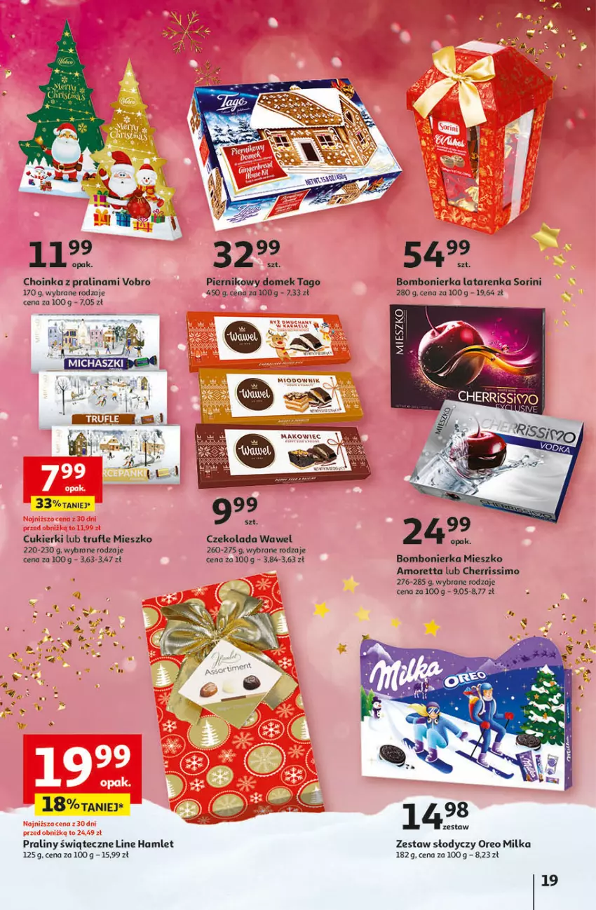 Gazetka promocyjna Auchan - Gazetka Magia Świąt Część 4 Hipermarket Auchan - ważna 07.12 do 13.12.2023 - strona 19 - produkty: Choinka, Cukier, Cukierki, Czekolada, Fa, Inka, Latarenka, Milka, Oreo, Piernik, Praliny, Tago, Wawel