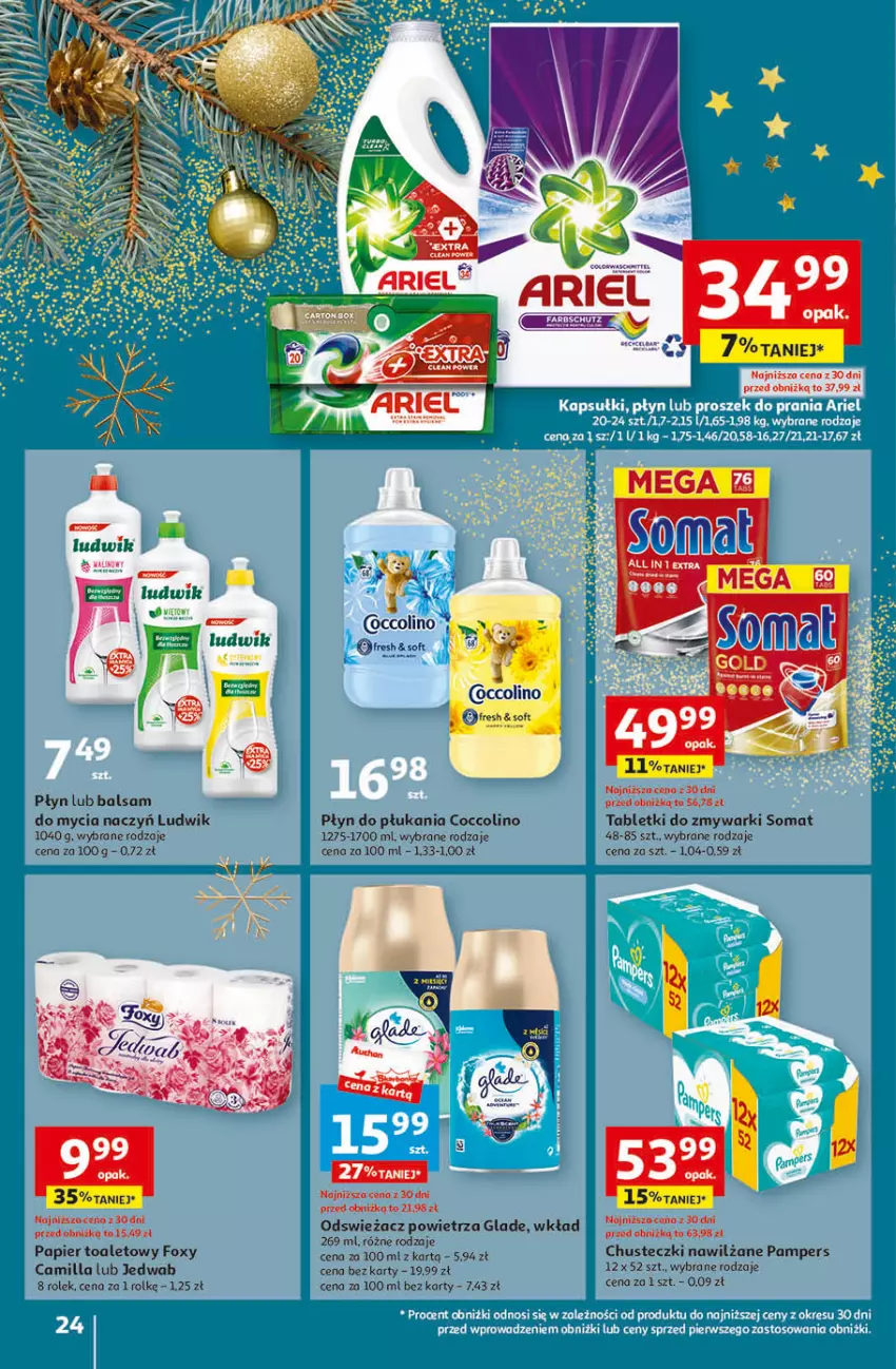 Gazetka promocyjna Auchan - Gazetka Magia Świąt Część 4 Hipermarket Auchan - ważna 07.12 do 13.12.2023 - strona 24 - produkty: Balsam do mycia naczyń, Chusteczki, Coccolino, Dell, Do mycia naczyń, Foxy, Ludwik, Ocet, Pampers, Papier, Papier toaletowy, Płyn do płukania, Somat, Tablet, Tabletki do zmywarki, Taca, Zmywarki