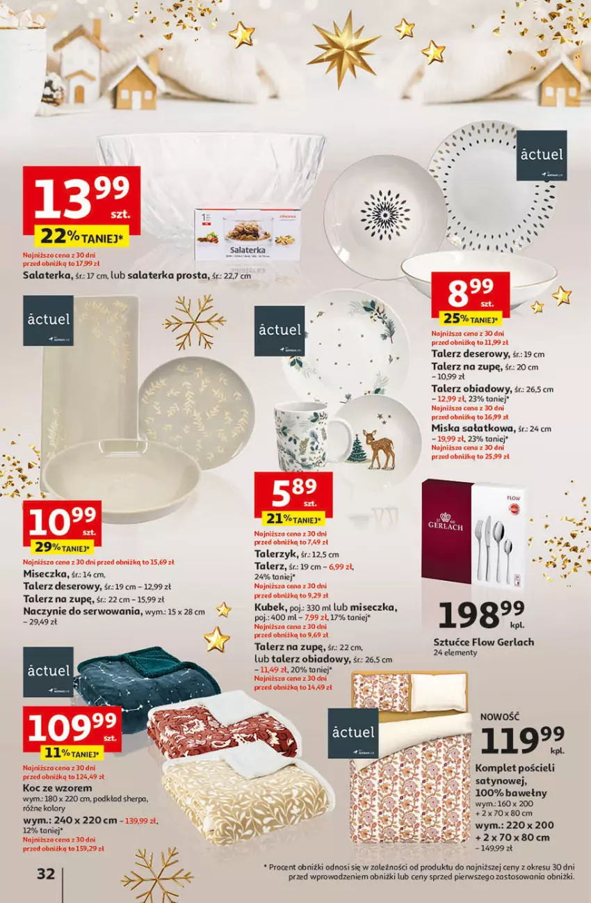 Gazetka promocyjna Auchan - Gazetka Magia Świąt Część 4 Hipermarket Auchan - ważna 07.12 do 13.12.2023 - strona 32 - produkty: Deser, Fa, Koc, Komplet pościeli, Kubek, Miseczka, Miska, Podkład, Pościel, Sałat, Salaterka, Ser, Talerz, Talerz deserowy, Talerz obiadowy, Talerzyk