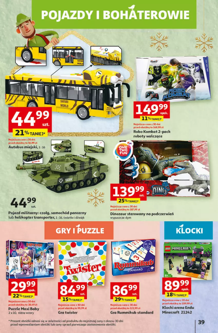 Gazetka promocyjna Auchan - Gazetka Magia Świąt Część 4 Hipermarket Auchan - ważna 07.12 do 13.12.2023 - strona 39 - produkty: Autobus, Dinozaur, Fa, Gra, Helikopter, Klocki, Minecraft, Pojazd, Por, Puzzle, Robot, Rum, Samochód, Sport, Tran