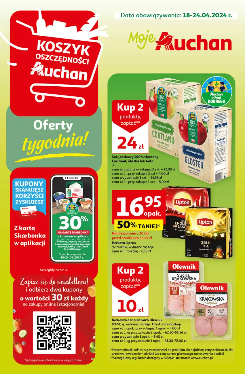 Gazetka promocyjna Auchan - Gazetka Oferty tygodnia! Moje Auchan - ważna 18.04 do 24.04.2024 - strona 1 - produkty: Fa, Herbata, Jogurt, Kefir, Lanki, Lipton, Olewnik