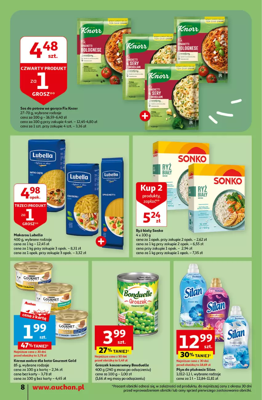 Gazetka promocyjna Auchan - Gazetka Oferty tygodnia! Moje Auchan - ważna 18.04 do 24.04.2024 - strona 8 - produkty: Bell, Bella, Bonduelle, Gourmet Gold, Groszek, Knorr, Lubella, Makaron, Płyn do płukania, Ryż, Ryż biały, Ser, Silan, Sonko, Sos