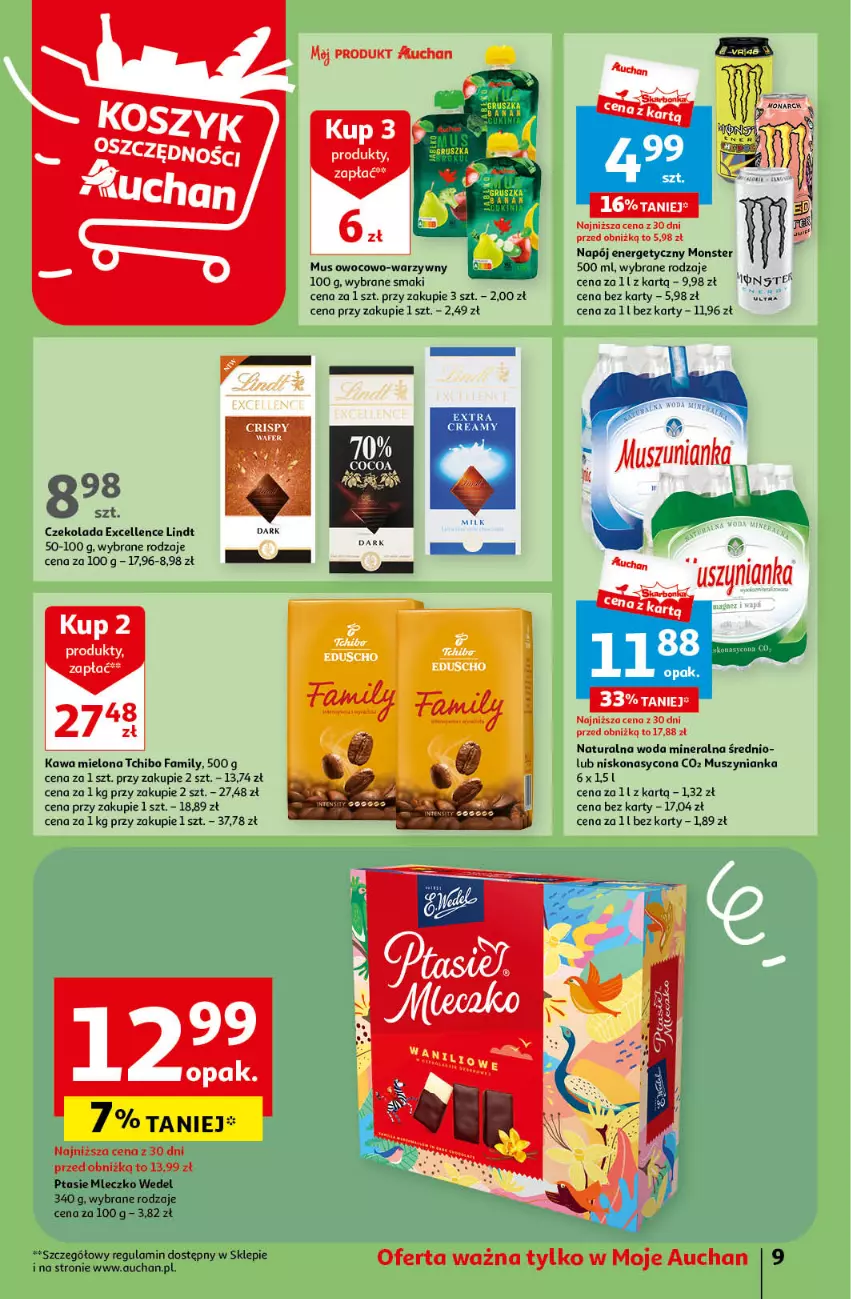 Gazetka promocyjna Auchan - Gazetka Oferty tygodnia! Moje Auchan - ważna 18.04 do 24.04.2024 - strona 9 - produkty: Czekolada, Fa, Kawa, Kawa mielona, Lindt, Mleczko, Mus, Muszynianka, Napój, Napój energetyczny, Ptasie mleczko, Tchibo, Tchibo Family, Woda, Woda mineralna