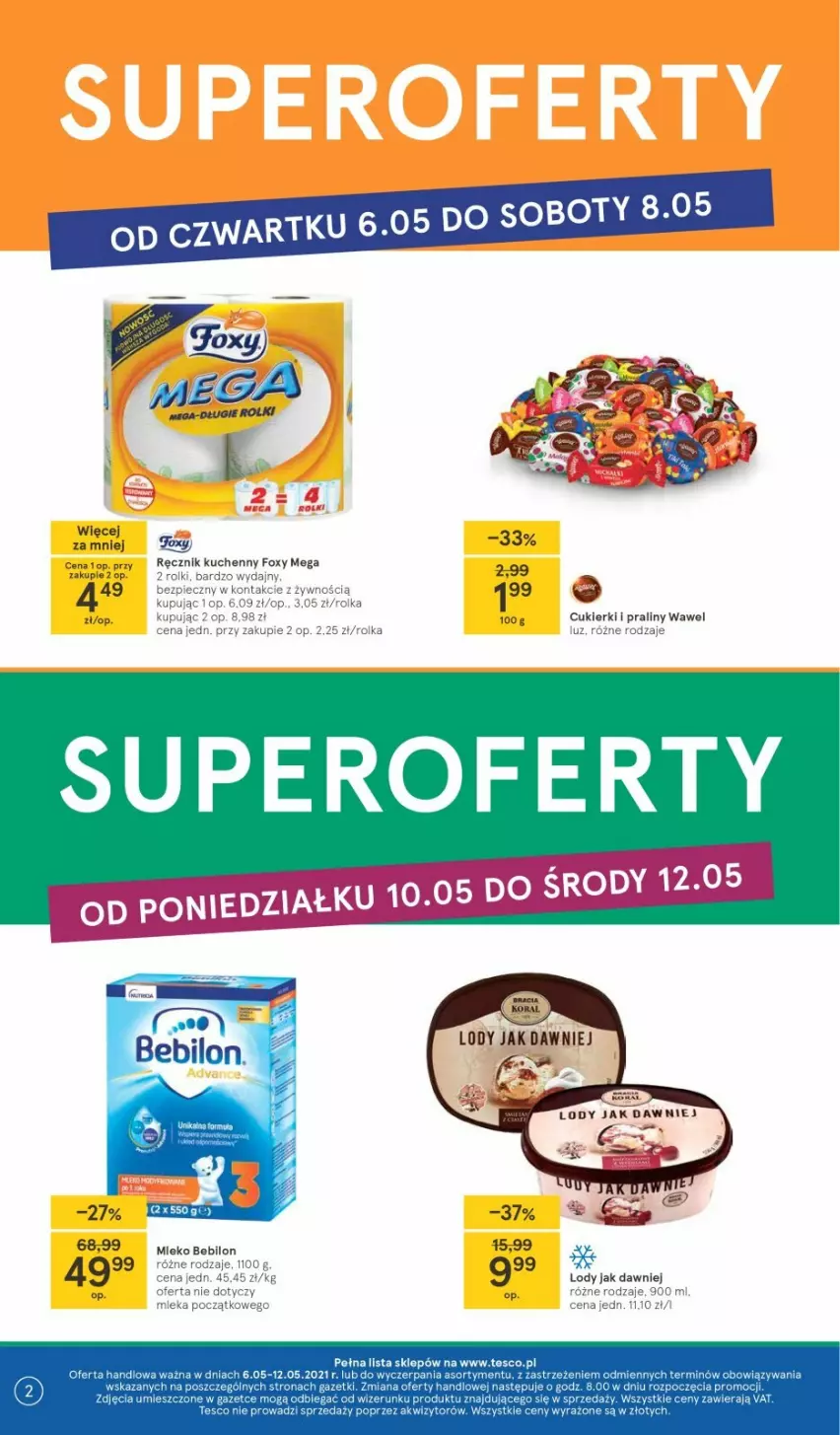 Gazetka promocyjna Tesco - Tesco gazetka - przyszły tydzień - ważna 06.05 do 12.05.2021 - strona 2 - produkty: Cukier, Cukierki, Foxy, Lody, Praliny, Ręcznik, Ręcznik kuchenny, Wawel