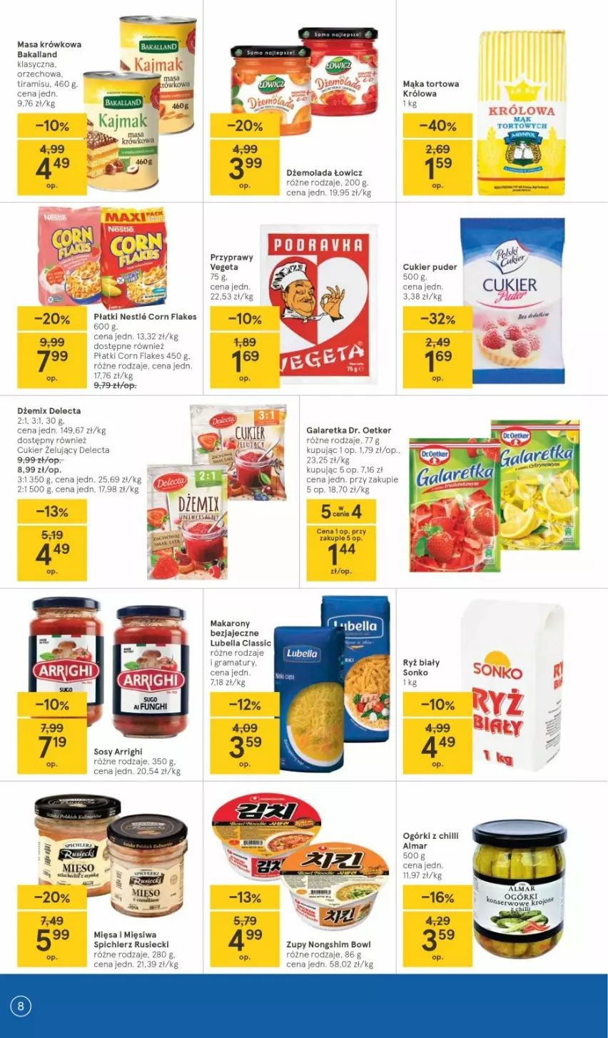 Gazetka promocyjna Tesco - Tesco gazetka - przyszły tydzień - ważna 06.05 do 12.05.2021 - strona 8 - produkty: Bakalland, Corn flakes, Cukier, Delecta, Dr. Oetker, Dżem, Gala, Galaretka, Mąka, Mąka tortowa, Makaron, Masa krówkowa, Ryż, Ryż biały, Sonko, Spichlerz Rusiecki