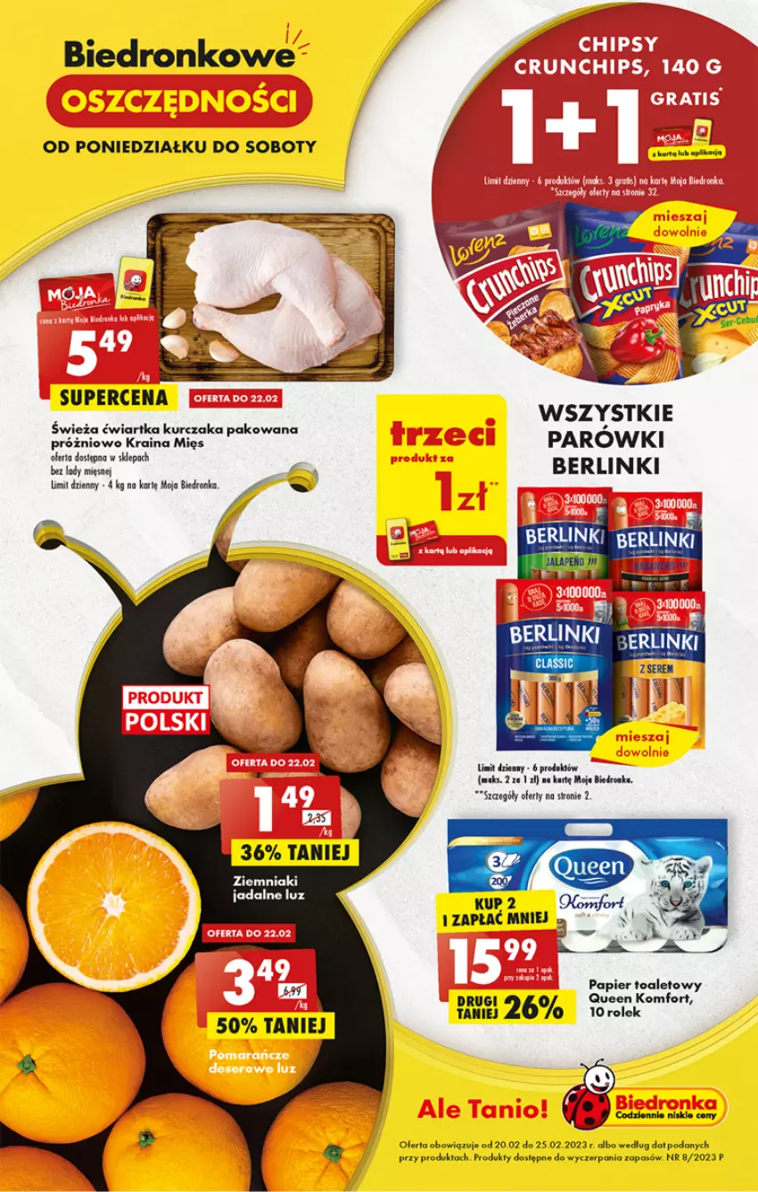 Gazetka promocyjna Biedronka - ważna 20.02 do 25.02.2023 - strona 1 - produkty: Berlinki, Dron, Mięso, Papier, Parówki, Ziemniaki