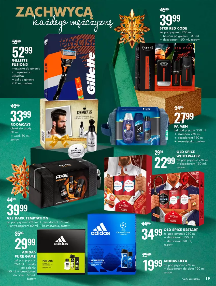 Gazetka promocyjna Super Pharm - Gazetka - ważna 01.12 do 24.12.2021 - strona 19 - produkty: Adidas, Antyperspirant, Balsam po goleniu, Dezodorant, Fa, Fusion, Gillette, Kosmetyczka, Maszynka, Maszynka do golenia, Old Spice, Pur, Str8, Szampon, Szynka, Woda