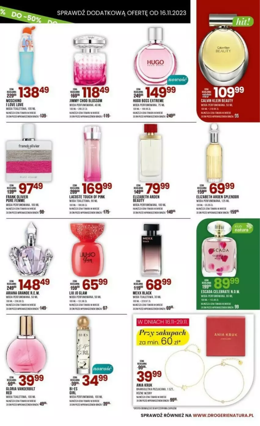 Gazetka promocyjna Drogerie Natura - ważna 31.10 do 30.11.2023 - strona 14 - produkty: Acana, Bransoletka, Elizabeth Arden, Escada, Fa, Gra, Jimmy Choo, Lack, Lacoste, Mexx, Moschino, Perfum, Pur, Woda, Woda perfumowana, Woda toaletowa