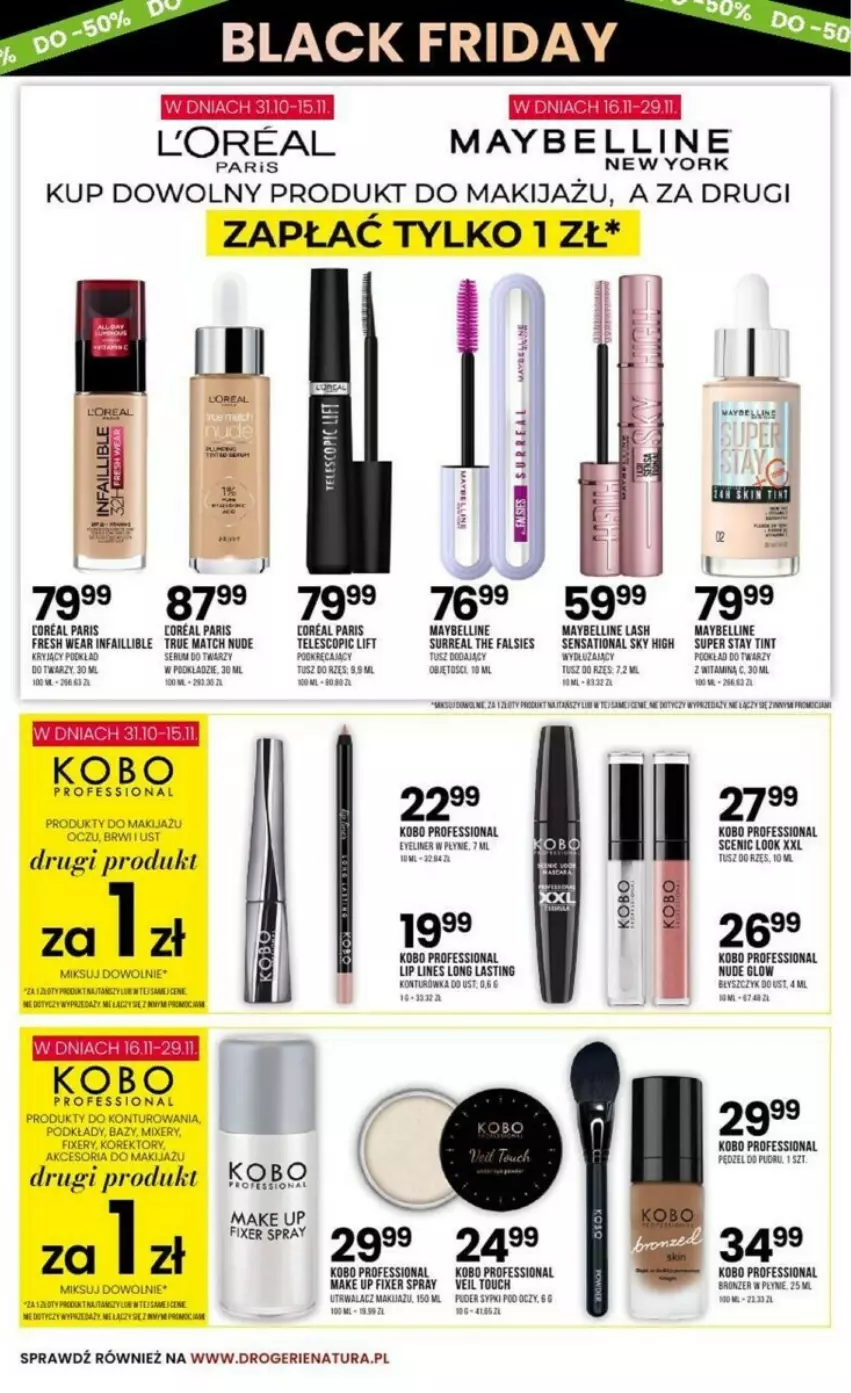 Gazetka promocyjna Drogerie Natura - ważna 31.10 do 30.11.2023 - strona 17 - produkty: Bell, Fa, KOBO, Makijaż, Maybelline, Podkład, Rum, Sati, Ser, Serum, Serum do twarzy, Tusz