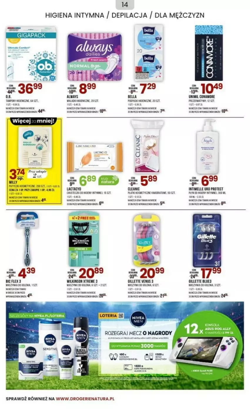 Gazetka promocyjna Drogerie Natura - ważna 31.10 do 30.11.2023 - strona 6 - produkty: Always, Asus, Bell, Bella, BIC, Gillette, Gillette Venus, Gra, Kosz, Maszynka, Maszynka do golenia, Mus, Płatki kosmetyczne, Prezerwatyw, Rust, Szynka, Tampony, Unimil, Venus