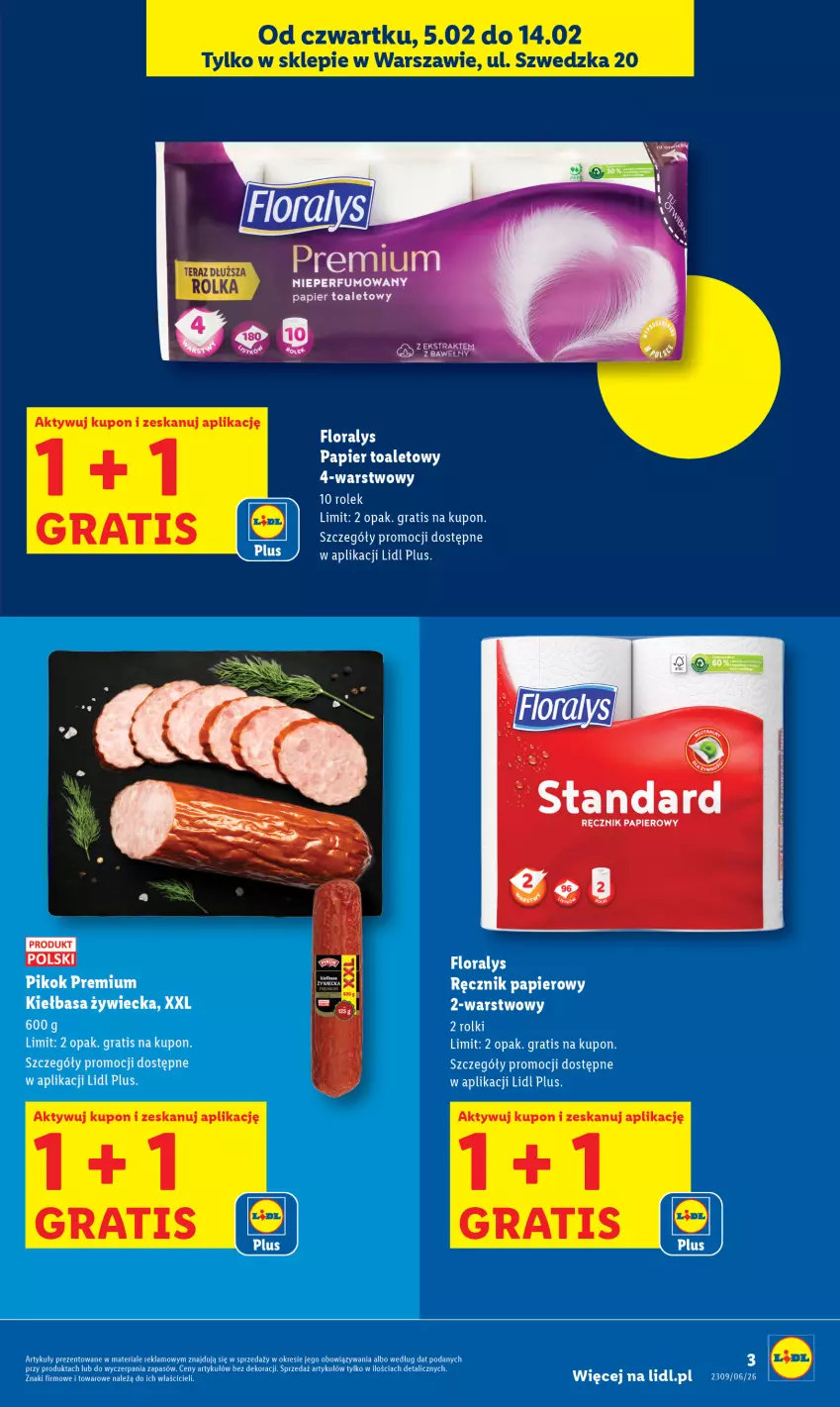 Gazetka promocyjna Lidl - Lidl w Warszawie - ważna 05.02 do 14.02.2026 - strona 3 - produkty: Flora, Gra, Kiełbasa, Papier, Papier toaletowy, PIKOK, Ręcznik, Rolki