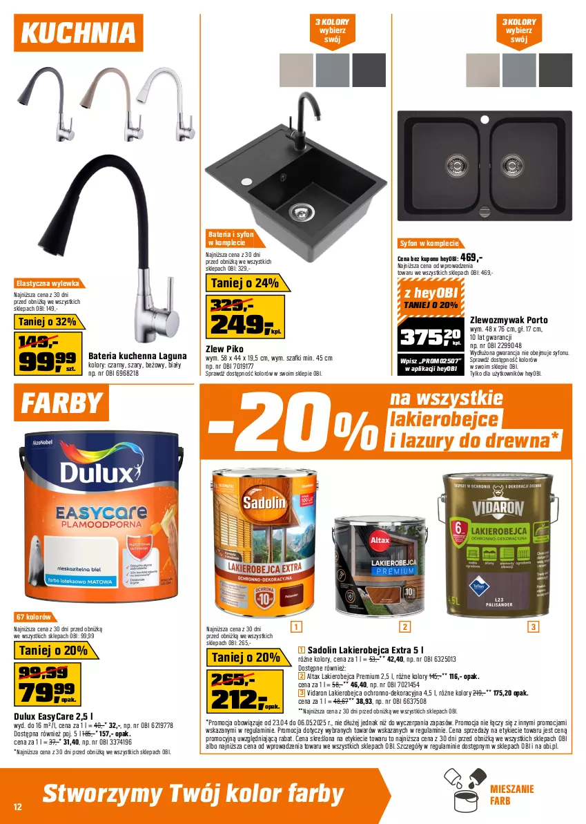 Gazetka promocyjna Obi - Gazetka OBI - ważna 23.04 do 06.05.2025 - strona 12 - produkty: Bateria, Bateria kuchenna, Drabina, Dulux, Fa, Kuchnia, Lakier, Lazur, Listwa, Naświetlacz, Naświetlacz LED, Por, Reflektor, Regał, Regał metalowy, Stół, Stół warsztatowy, Syfon, Top, Zlew, Zlewozmywak