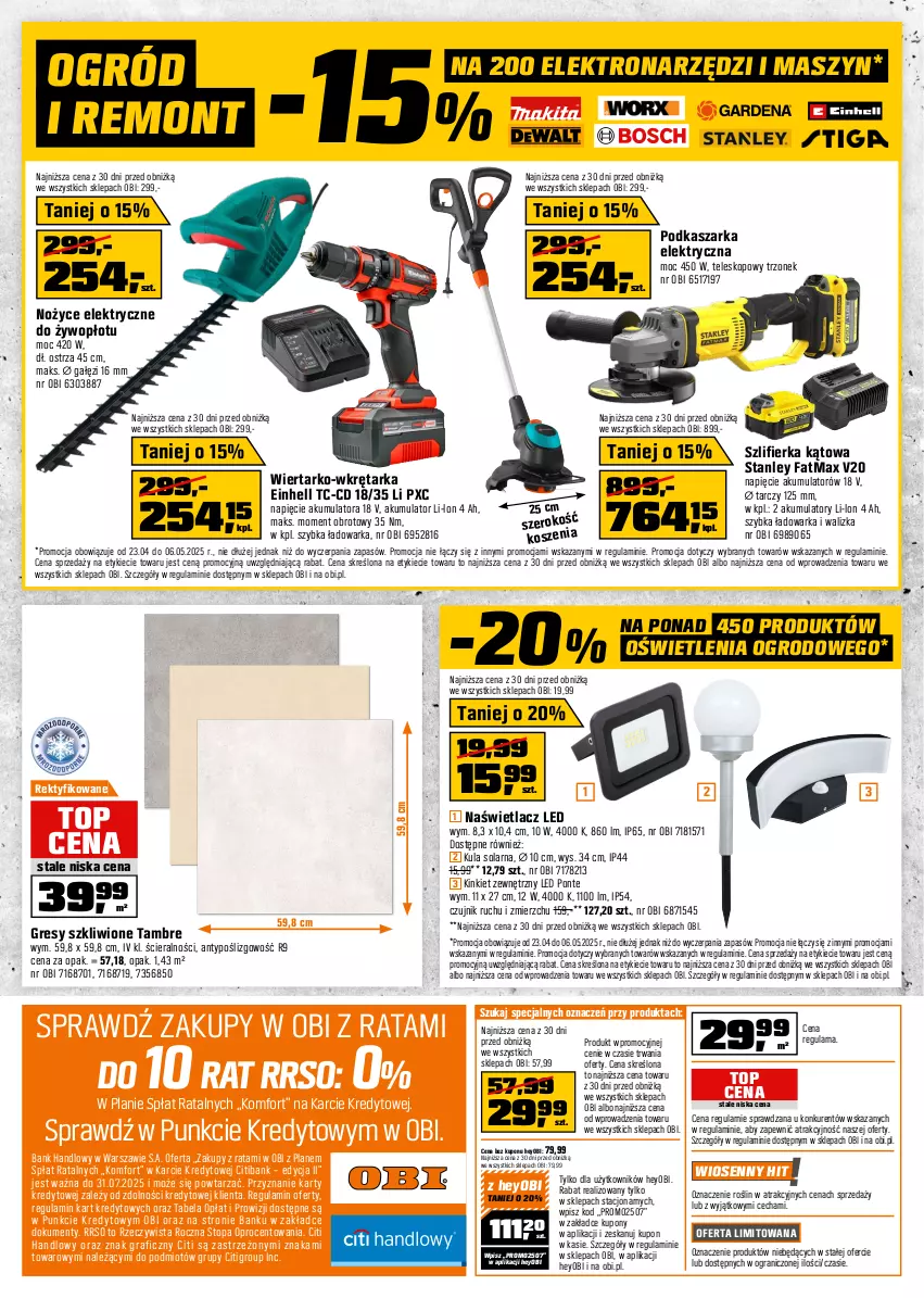 Gazetka promocyjna Obi - Gazetka OBI - ważna 23.04 do 06.05.2025 - strona 16 - produkty: Akumulator, Einhell, Fa, Gra, Gres, Kasza, Kosz, Naświetlacz, Naświetlacz LED, Noż, Nożyce, Ogród, Szlifierka, Szlifierka kątowa, Tarka, Teleskop, Top, Walizka, Warka, Wkręt, Wkrętarka