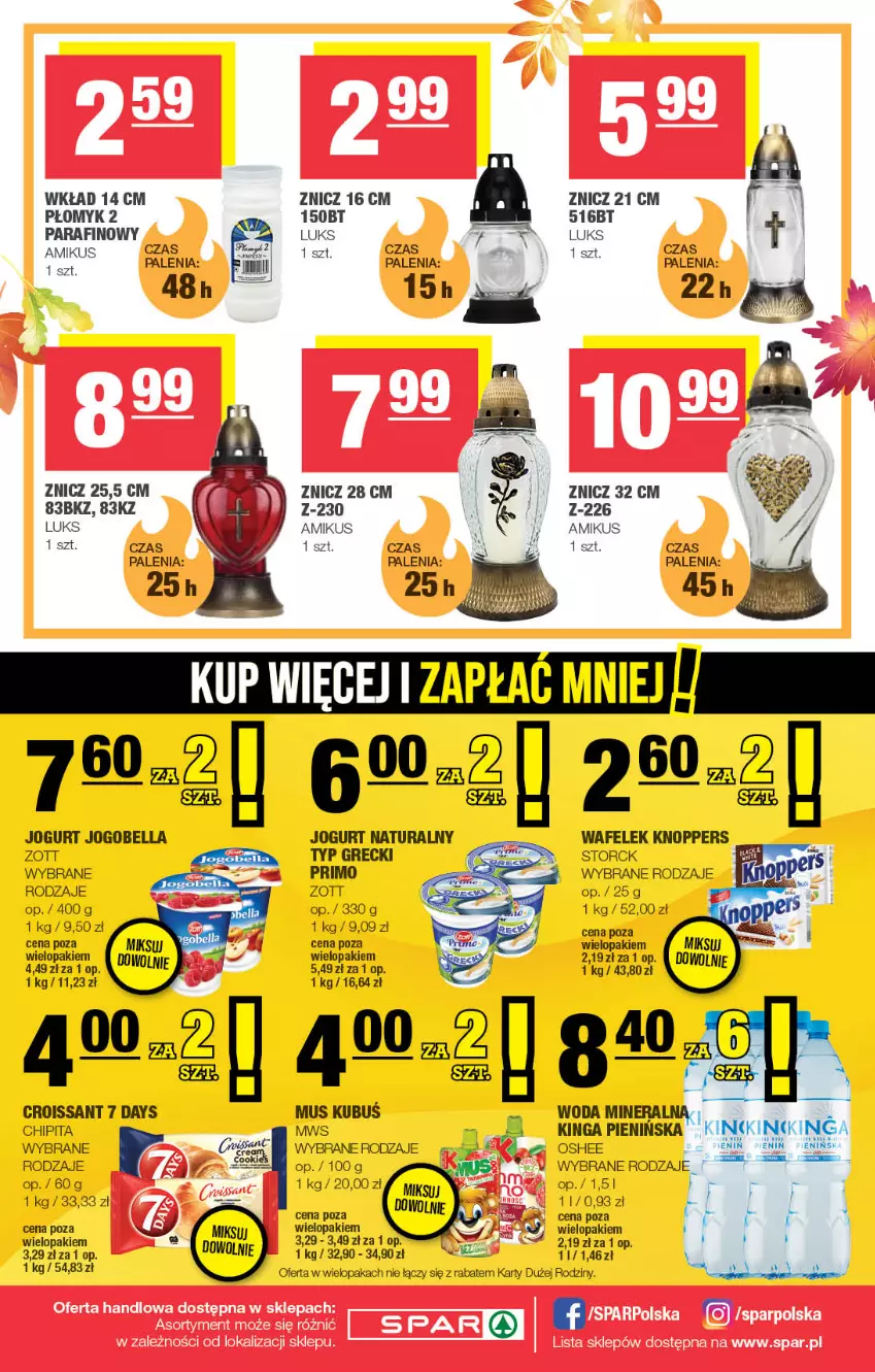 Gazetka promocyjna Spar - Spar - ważna 20.10 do 30.10.2024 - strona 8 - produkty: 7 Days, Bell, Bella, Croissant, Jogobella, Jogurt, Jogurt naturalny, Knoppers, Kubuś, Mus, Oshee, Wafelek, Woda, Znicz, Zott