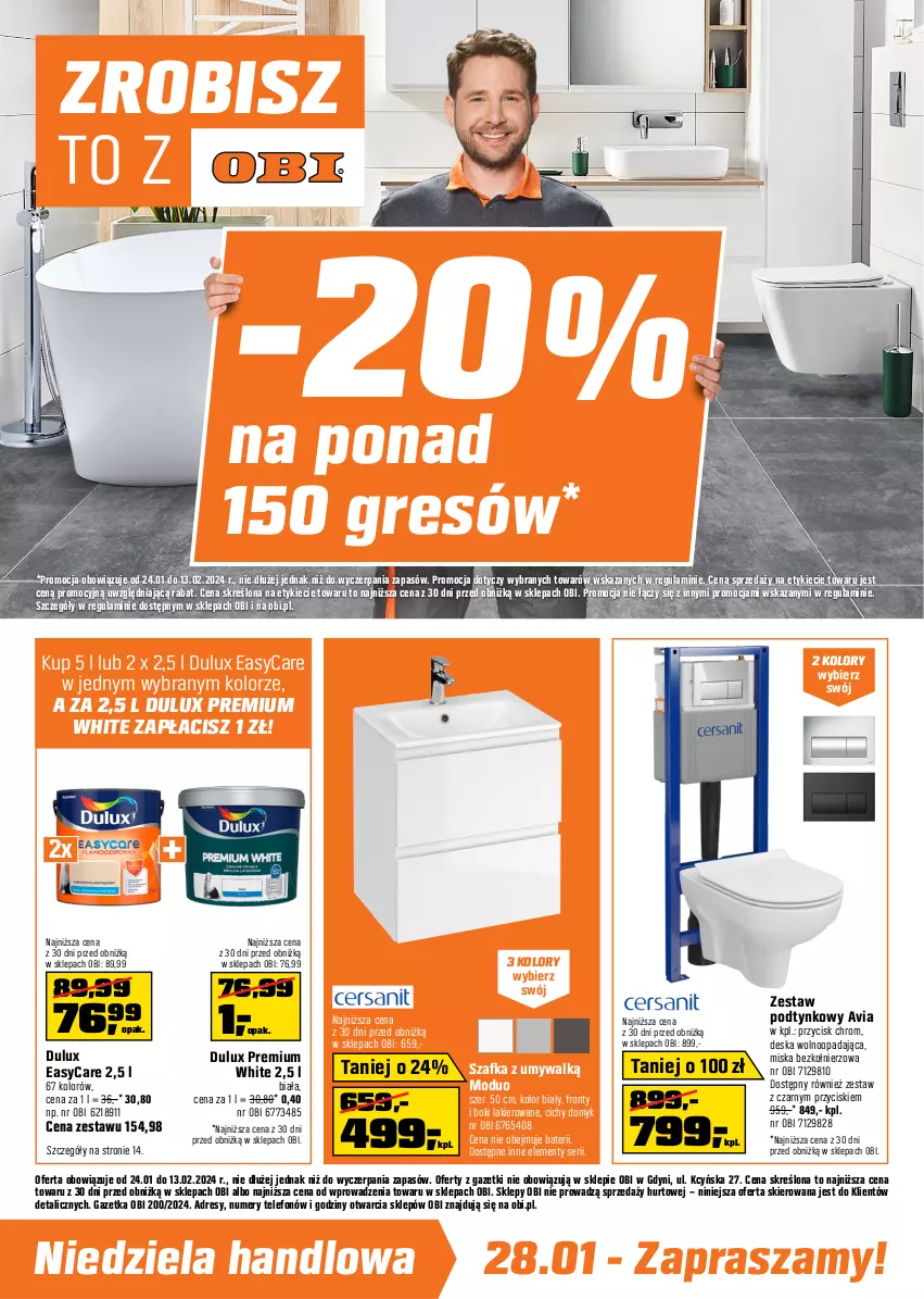 Gazetka promocyjna Obi - Gazetka OBI - ważna 24.01 do 13.02.2024 - strona 1 - produkty: Deska wolnoopadająca, Dres, Dulux, Gres, Lakier, Miska, Ser, Szafka, Telefon